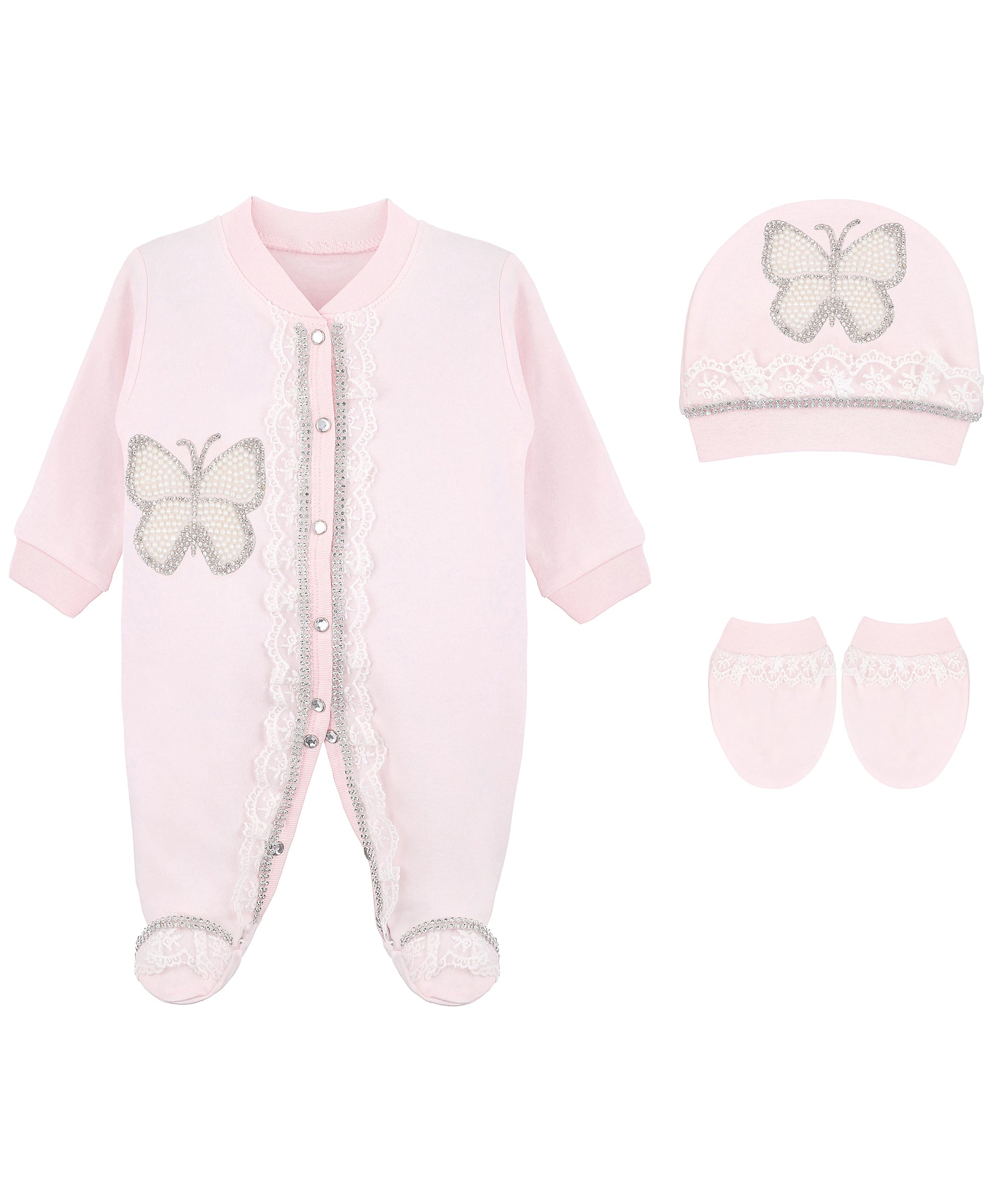 Jeweled crown newborn layette with footie, hat, mittens with bows; perfect christmas pajamas and Christmas gift ideas