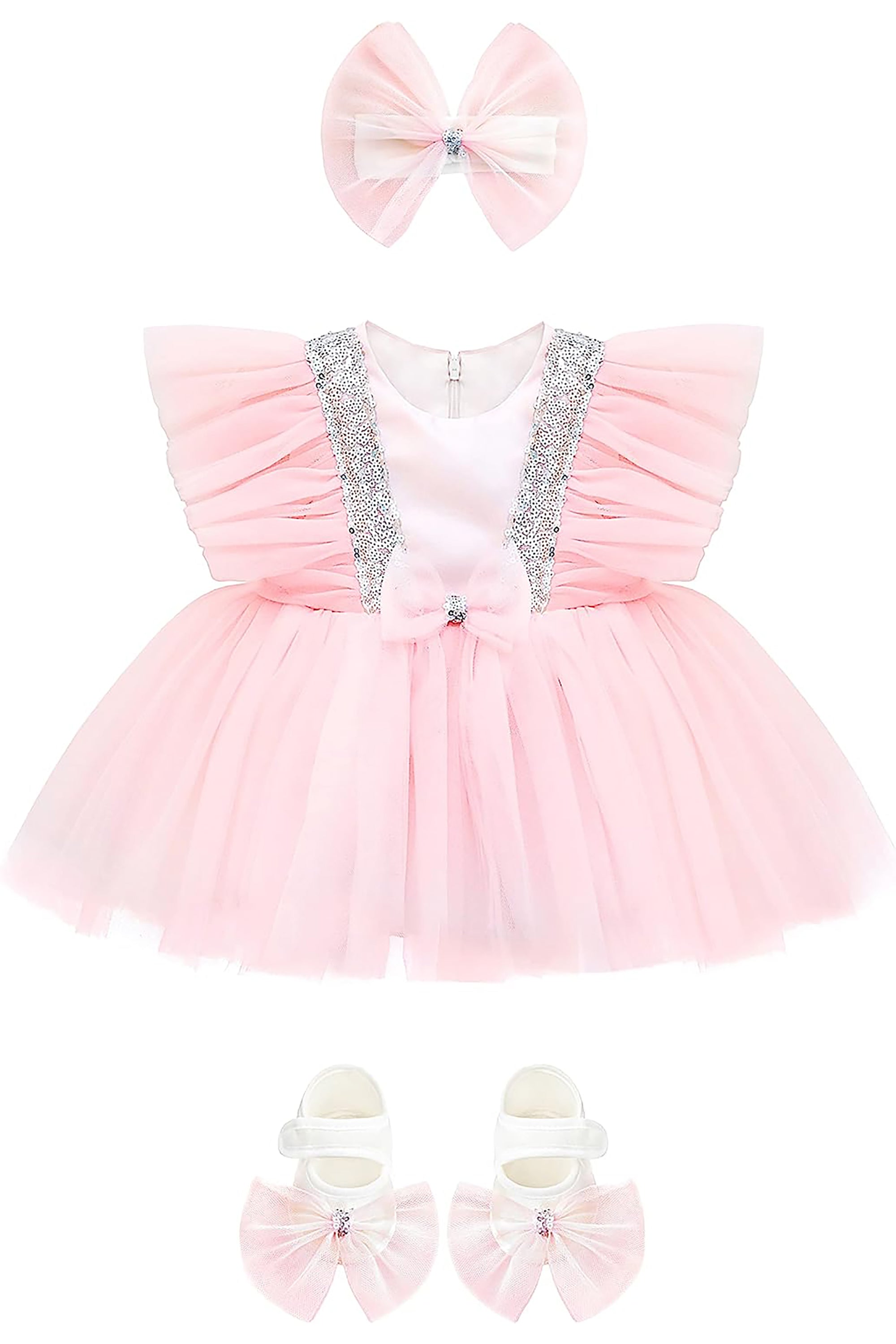 Baby Girls' Sequined Tulle Dress Ruffle Sleeve 3 Piece Gift Set For Newborns LILAX