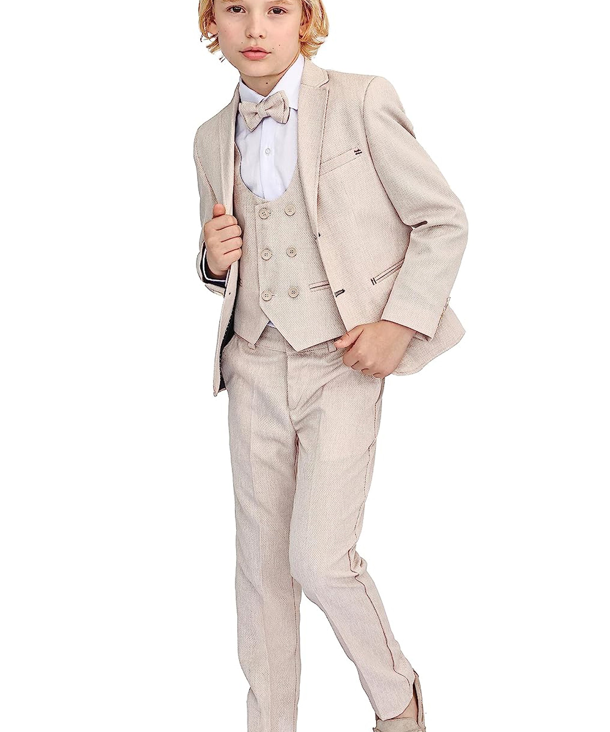 Boys 5 piece tuxedo suit with jacket, shirt, pants, vest and bow tie; perfect for baby boy clothes & christmas gift ideas  