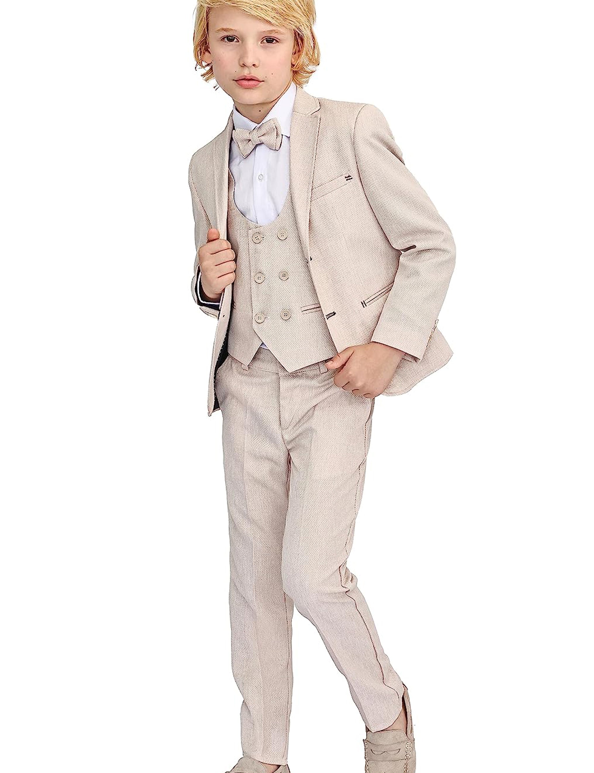 Boys 5 piece tuxedo suit with jacket, shirt, pants, vest and bow tie; perfect for baby boy clothes & christmas gift ideas  