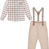 Little Boys' Trendy Pant Set - Plaid Dress Shirt, Pants, Bowtie, and Schoulders Strap LILAX