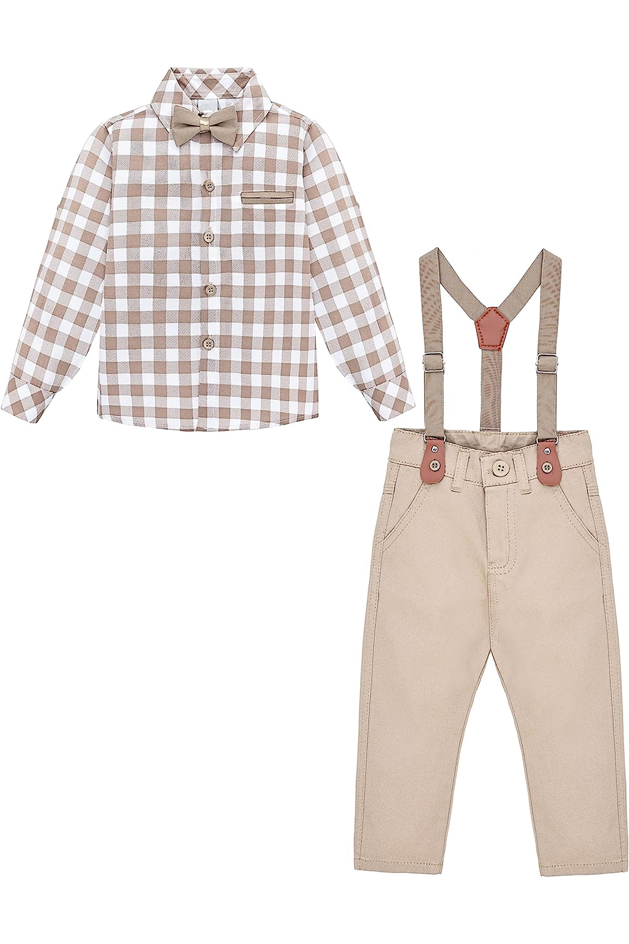 Little Boys' Trendy Pant Set - Plaid Dress Shirt, Pants, Bowtie, and Schoulders Strap LILAX