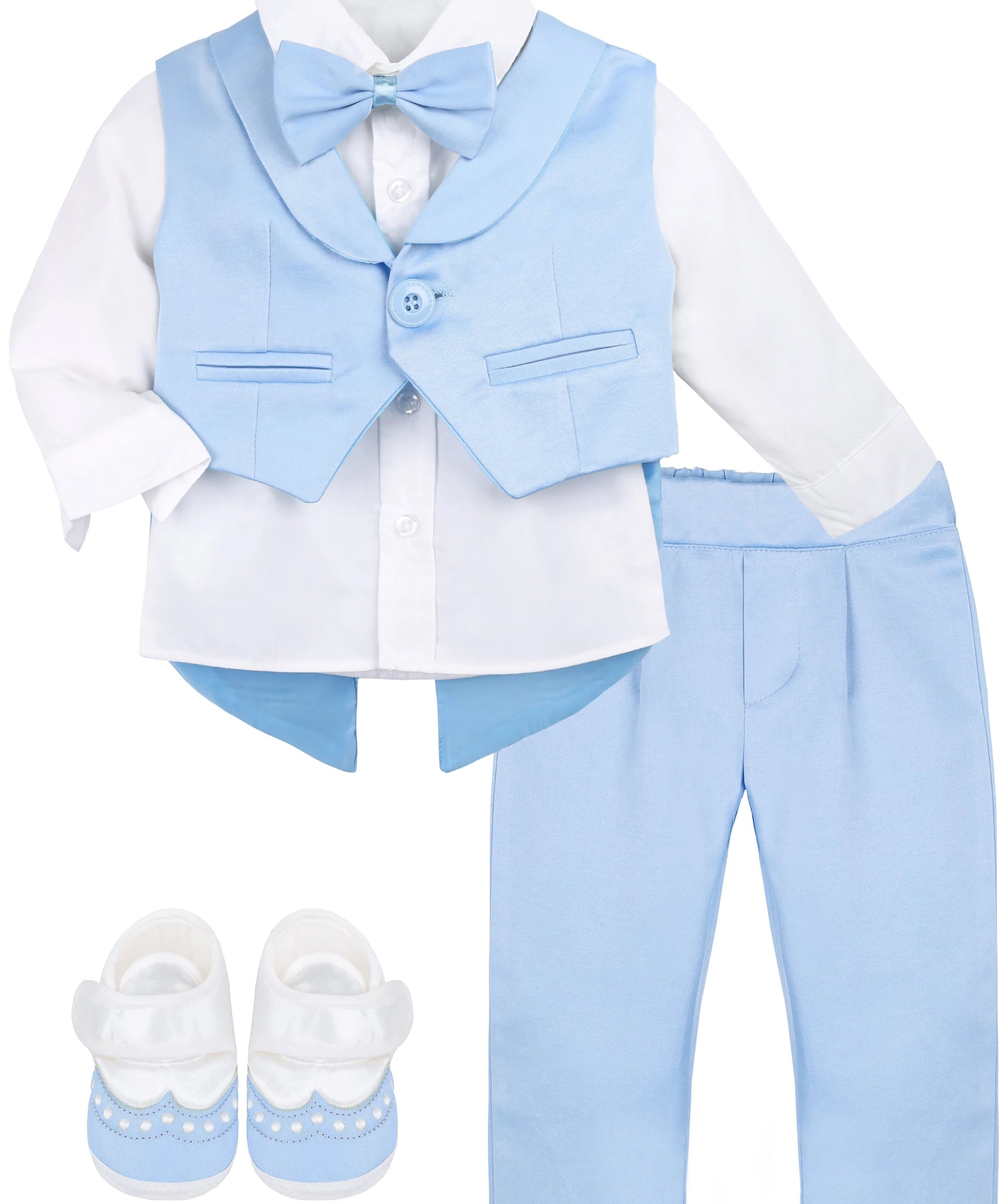 Baby boy 4 piece tuxedo suit with shirt, pants, vest, shoes; perfect for baby boy clothes & christmas gift ideas  