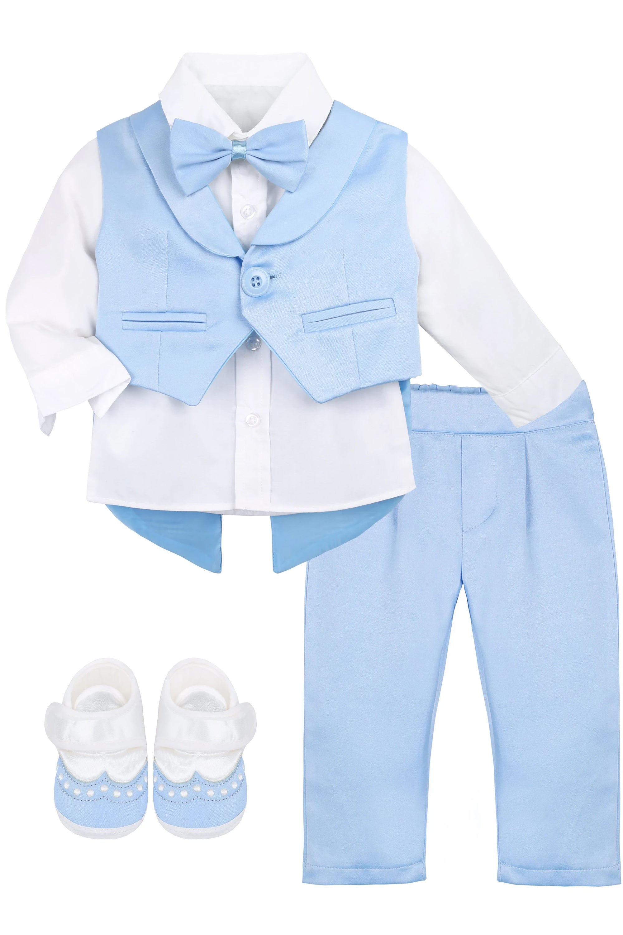 Baby boy 4 piece tuxedo suit with shirt, pants, vest, shoes; perfect for baby boy clothes & christmas gift ideas  