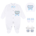 Jeweled crown newborn layette with footie, hat, mittens with bows; perfect christmas pajamas and christmas gift ideas