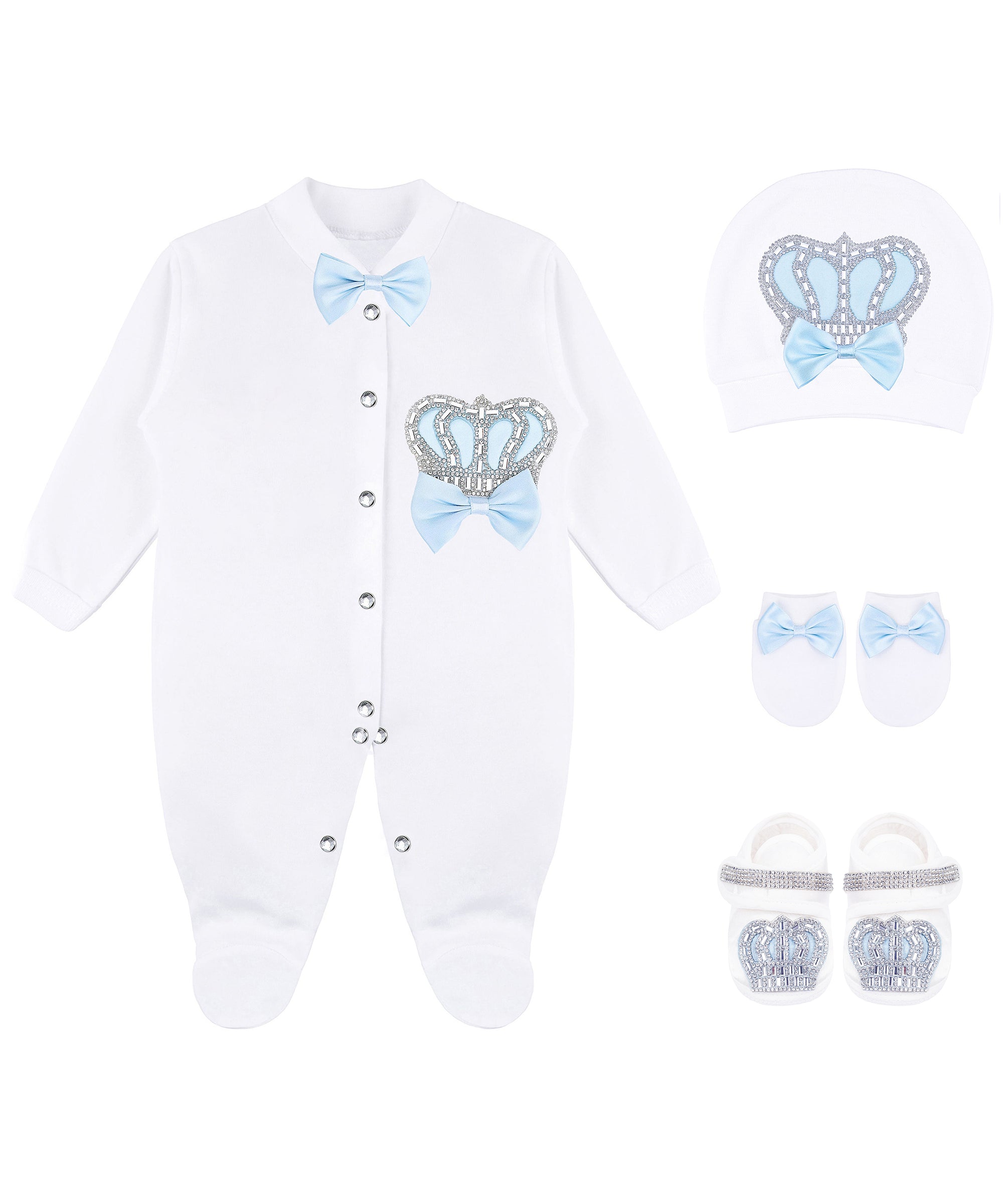 Jeweled crown newborn layette with footie, hat, mittens with bows; perfect christmas pajamas and christmas gift ideas