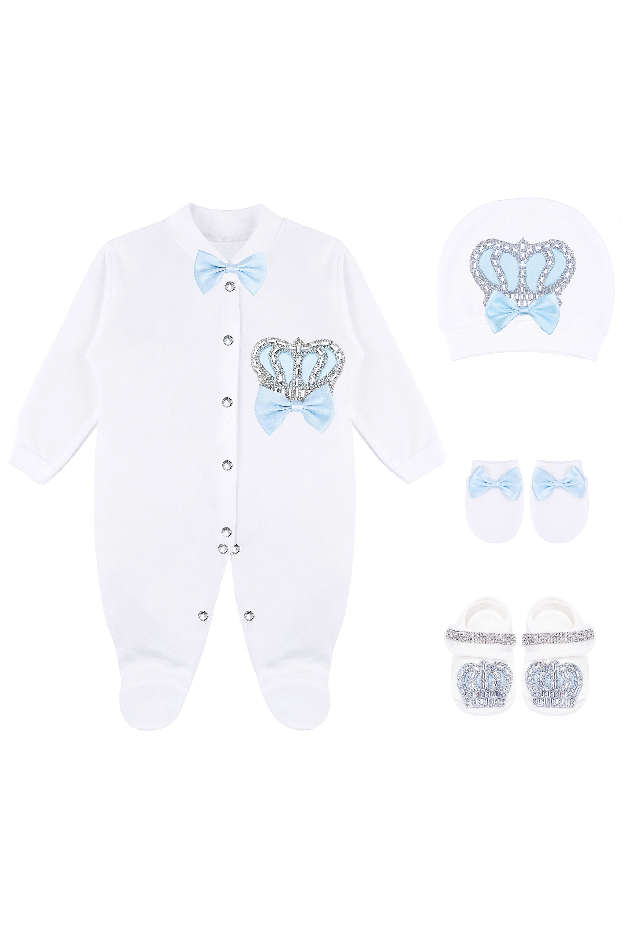 Jeweled crown newborn layette with footie, hat, mittens with bows; perfect christmas pajamas and christmas gift ideas