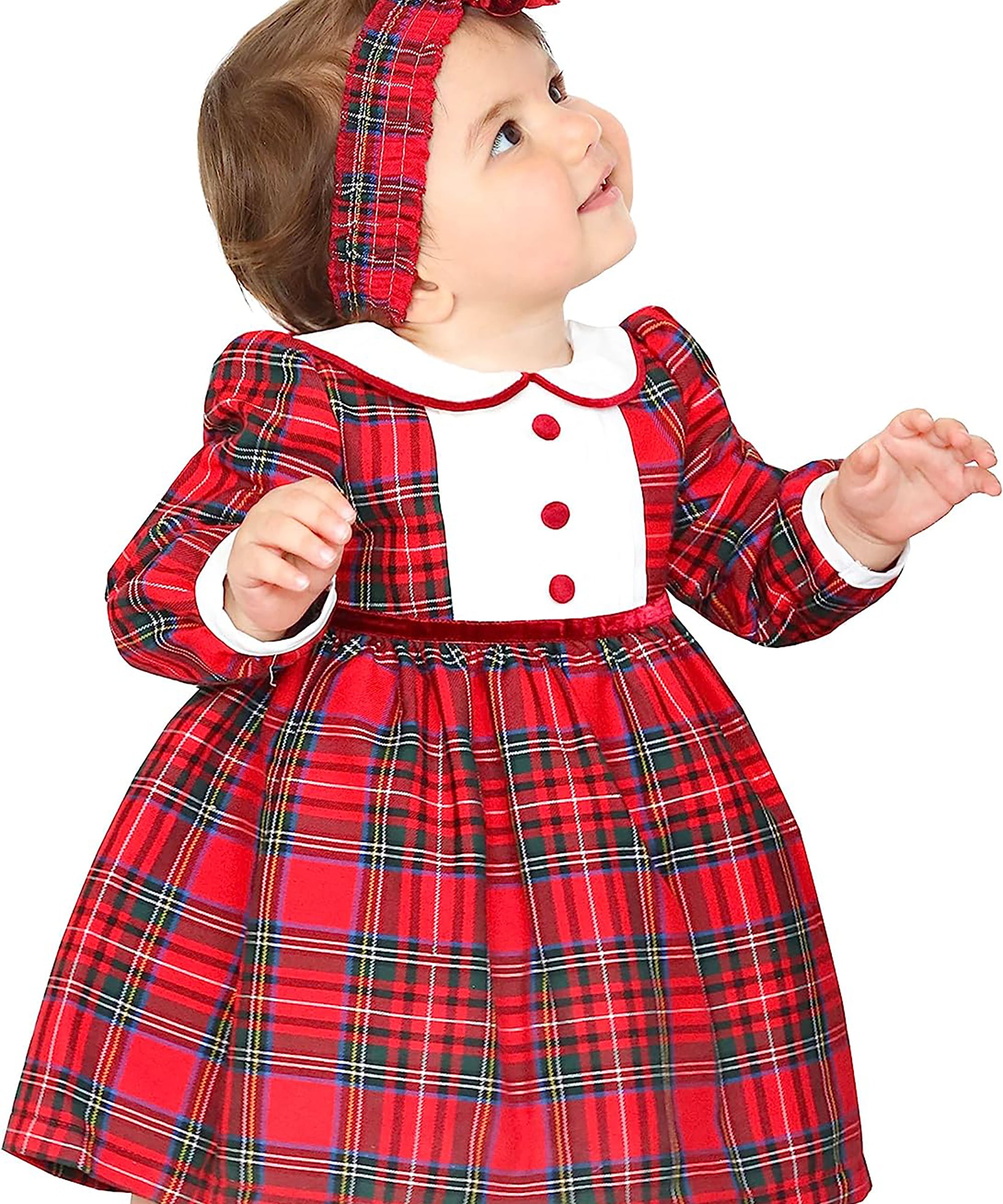 Plaid cotton baby girl clothes with ruffle and lace details and bows; perfect girls Christmas dress & Christmas gift ideas  