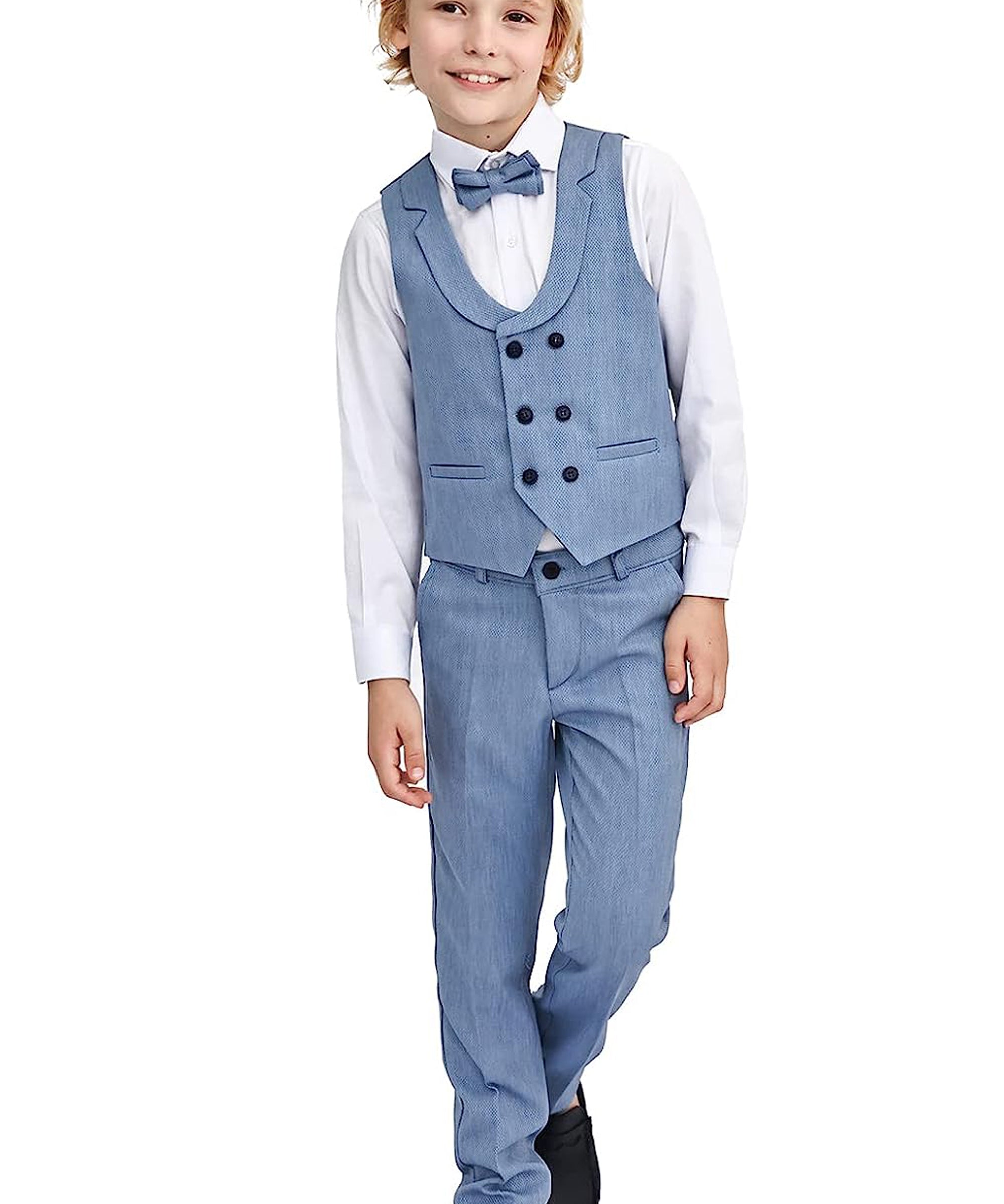 Boys 4 piece tuxedo suit with shirt, pants, vest and bow tie; perfect for baby boy clothes & christmas gift ideas  