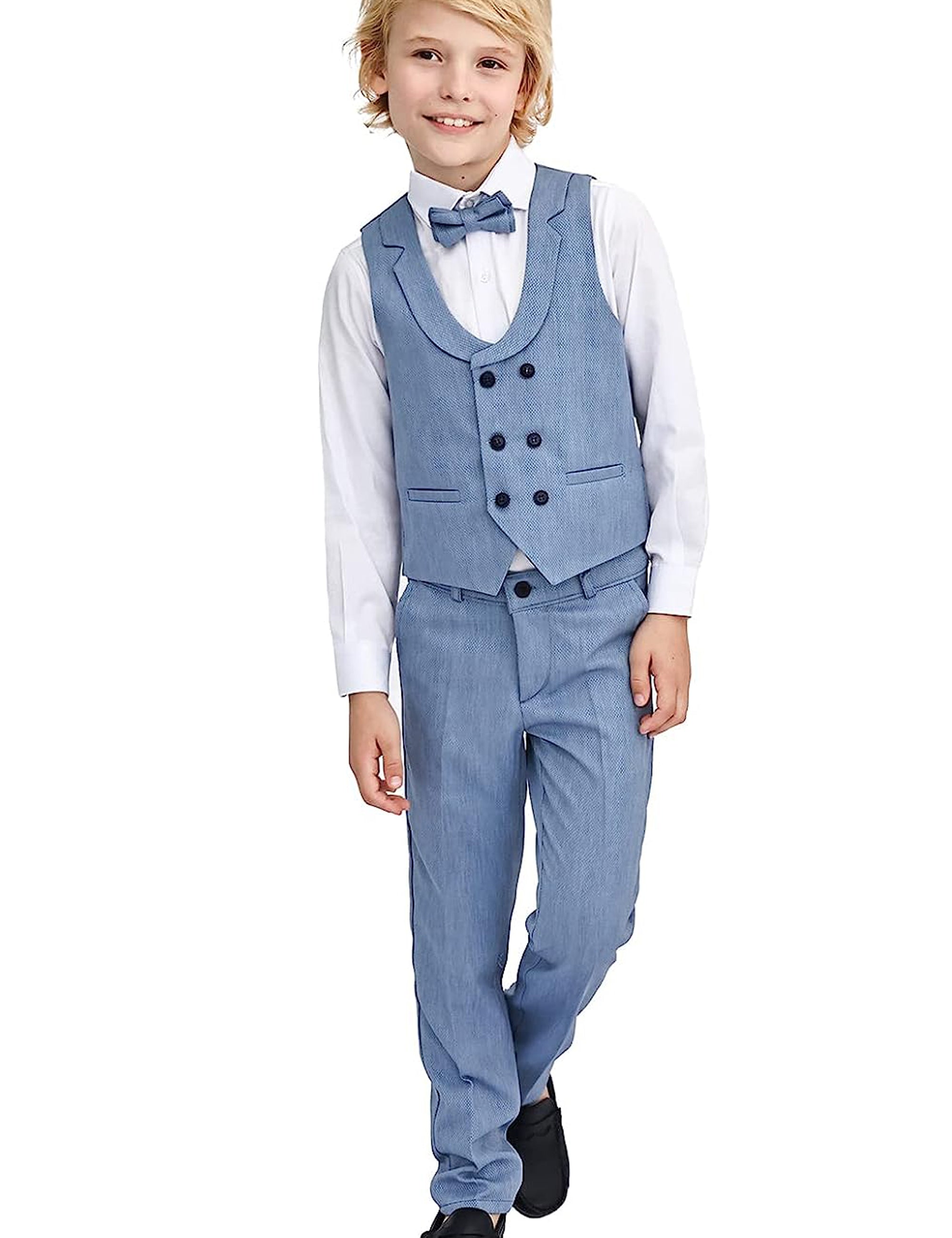 Boys 4 piece tuxedo suit with shirt, pants, vest and bow tie; perfect for baby boy clothes & christmas gift ideas  