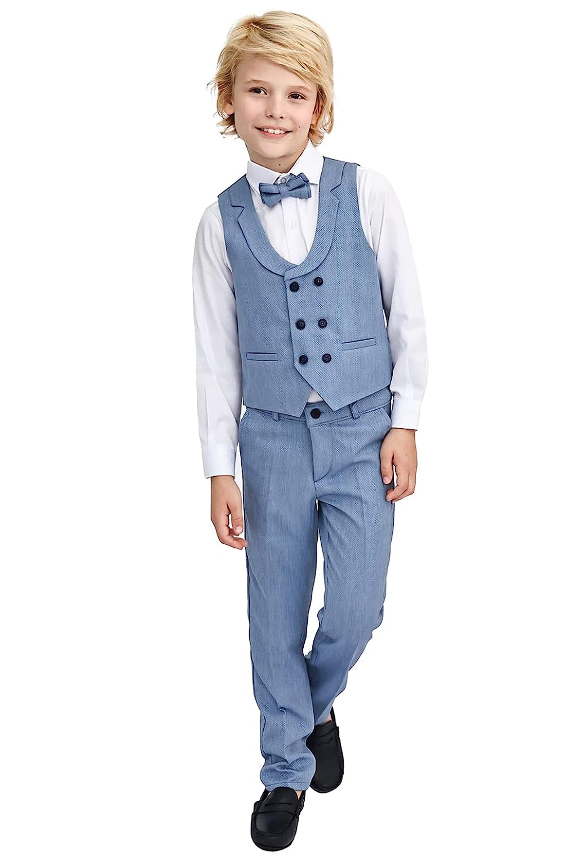 Little & Youth Boys Formal Suit Set Slim Fit Vest, White Dress Shirt, Dress Pants and Bowtie 4 Piece LILAX