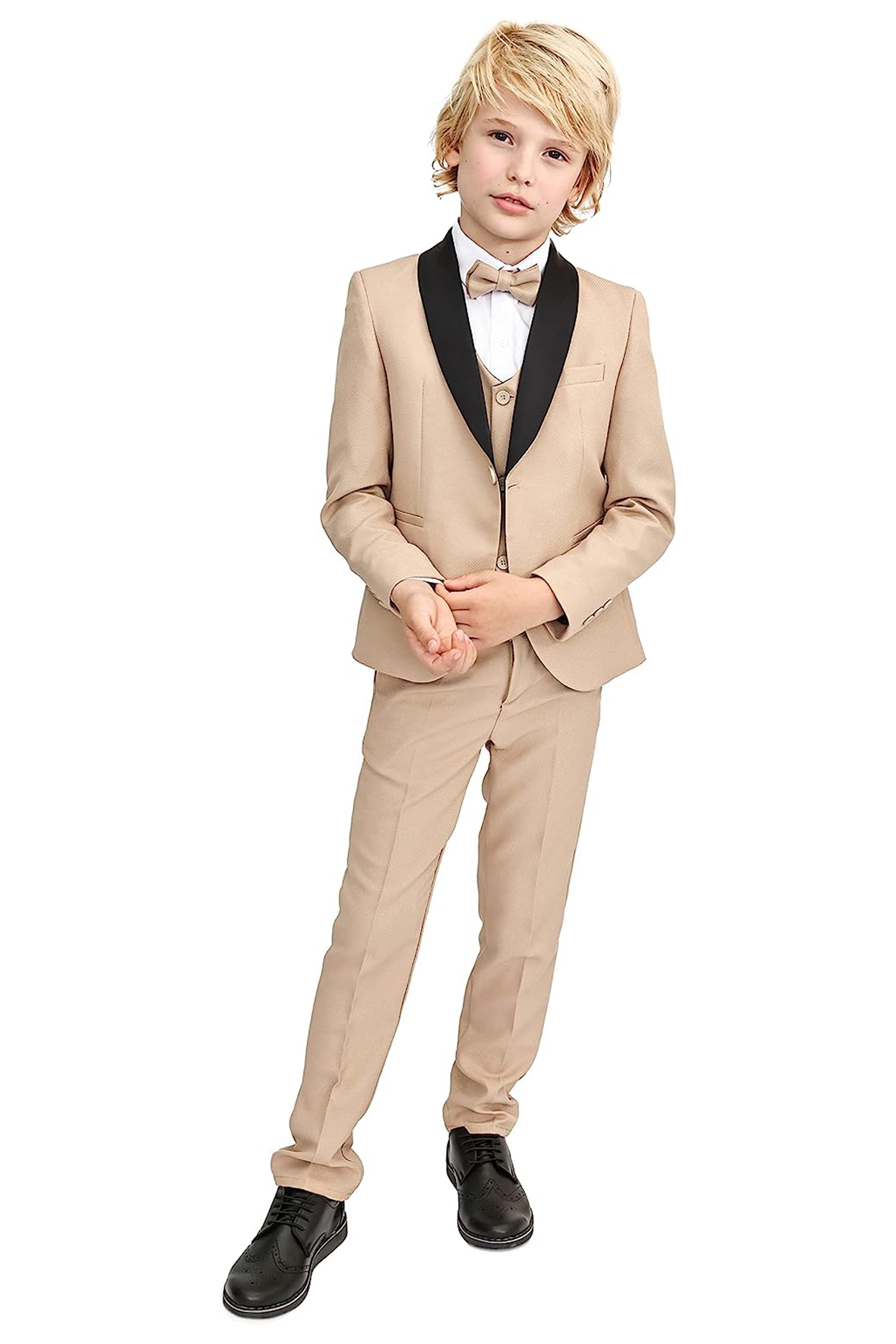 Little & Youth Boys' Satin Detailed Suit Set - Satin Collar Formal Jacket, Vest, Pants, Shirt, and Matching Bowtie - 5-Piece Fashion Set LILAX