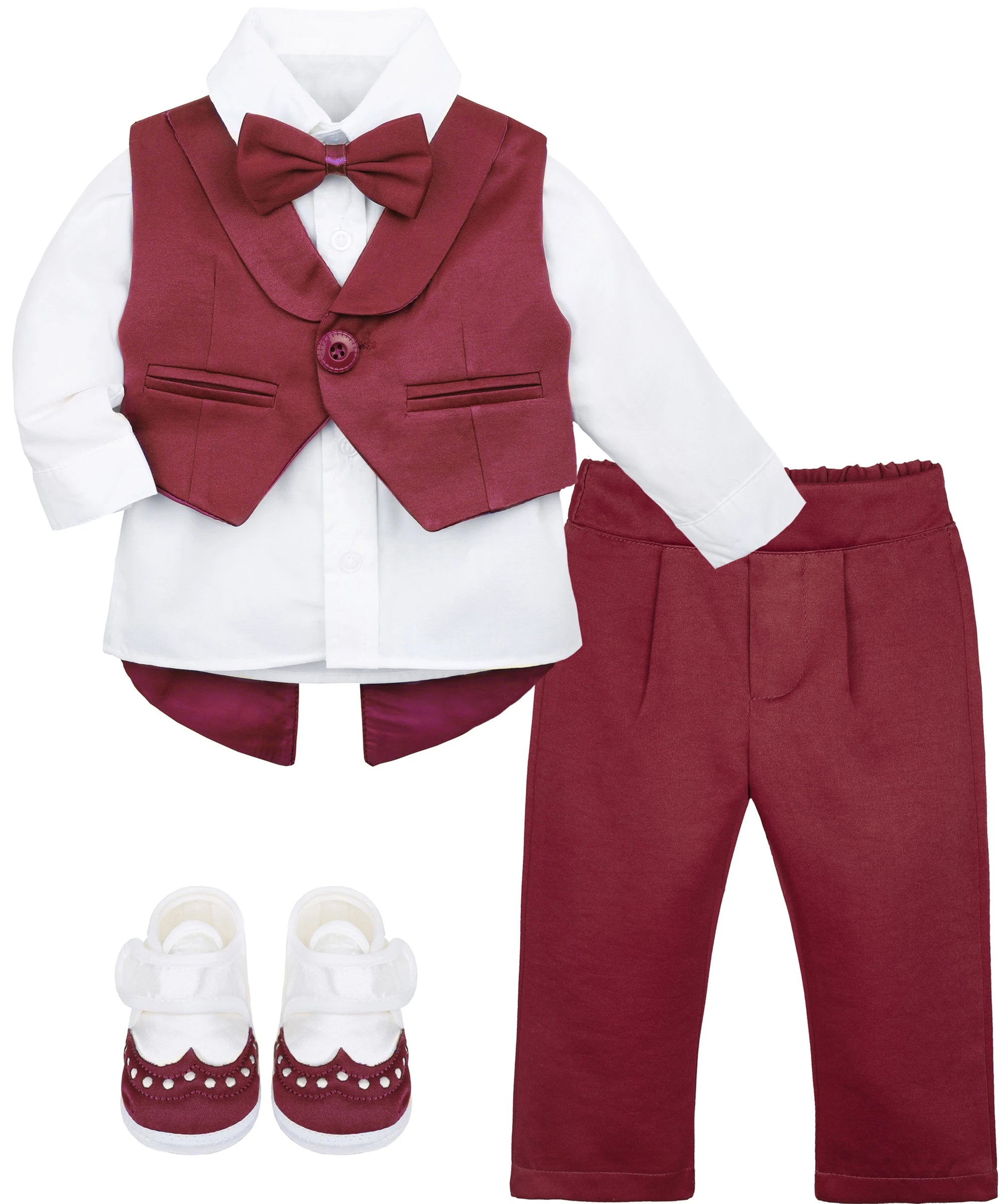 Baby boy 4 piece tuxedo suit with shirt, pants, vest, shoes; perfect for baby boy clothes & christmas gift ideas  