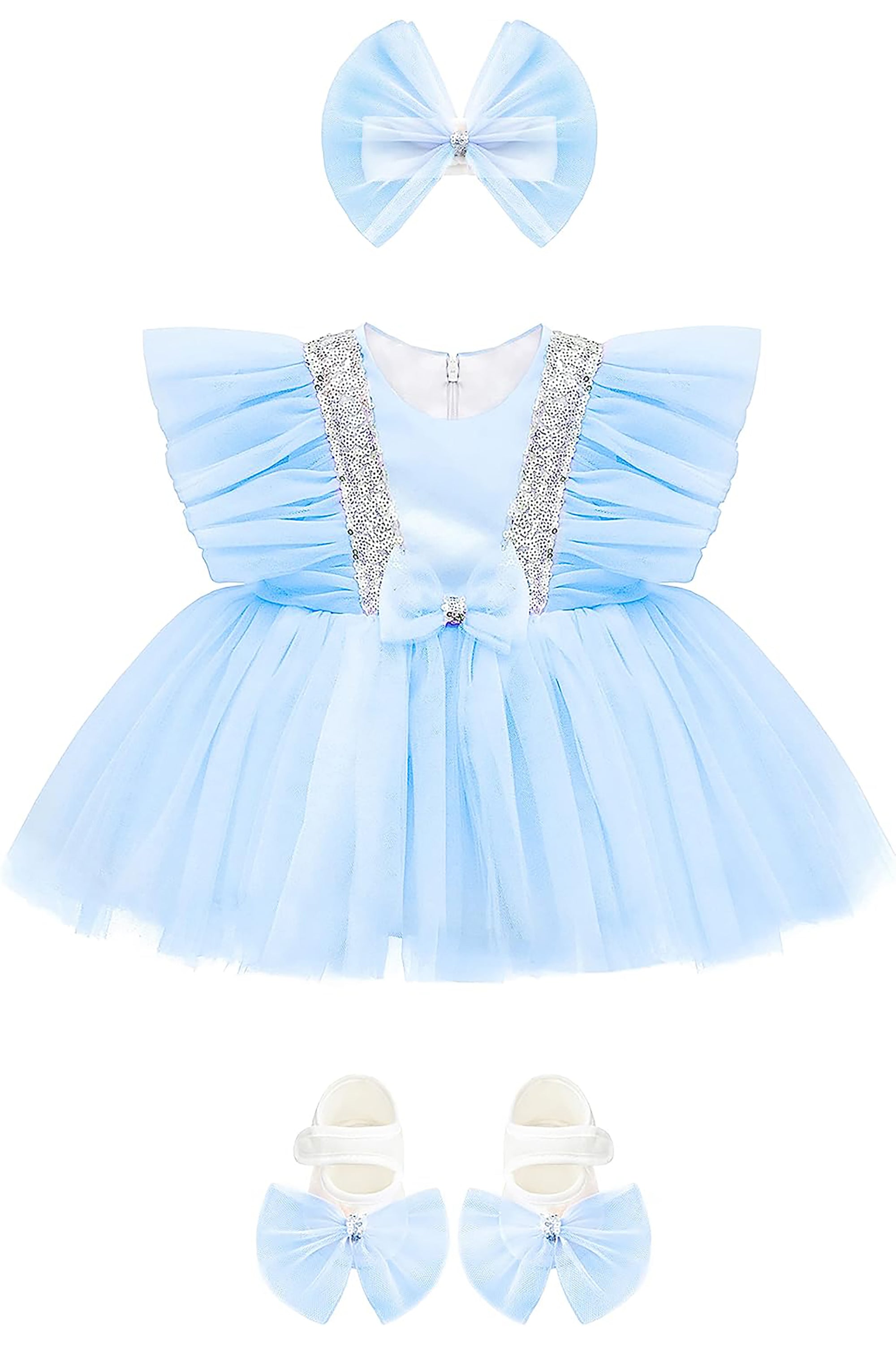 Baby Girls' Sequined Tulle Dress Ruffle Sleeve 3 Piece Gift Set For Newborns LILAX