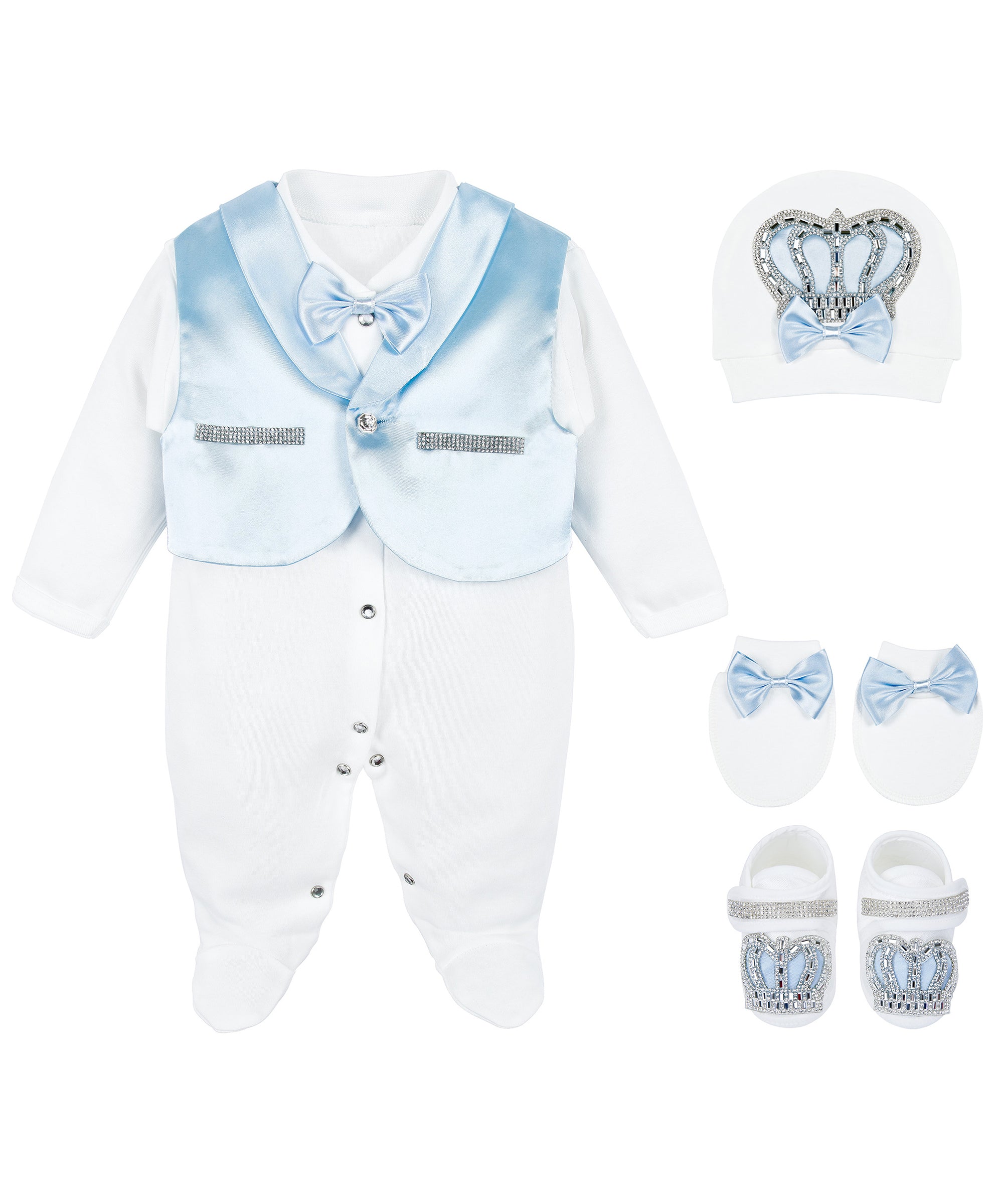 Jeweled crown newborn layette with footie, hat, mittens with bows, & shoes; perfect for Christmas gift ideas