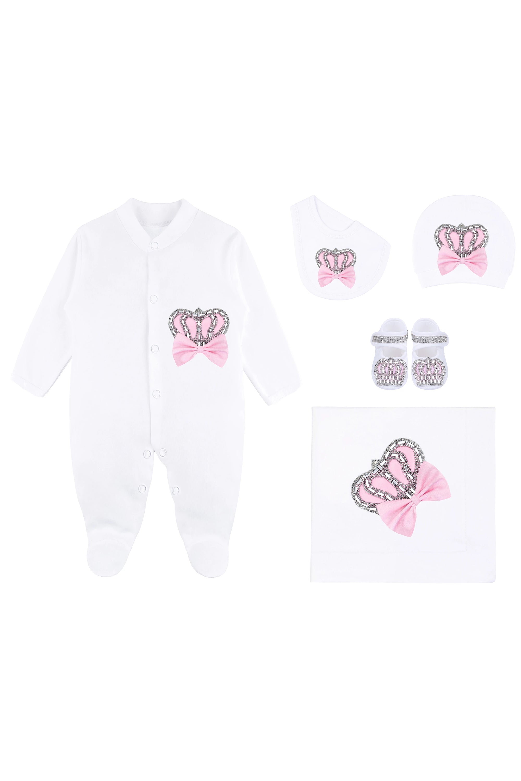 Newborn Baby Girl Deluxe 5-Piece Jewels Crown Pink Take Me Home Layette Gift Set LILAX