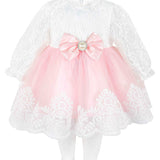 Newborn baby girl dress with lace flower details and  matching headband & shoes; for christening, baptism & Christmas gift ideas 