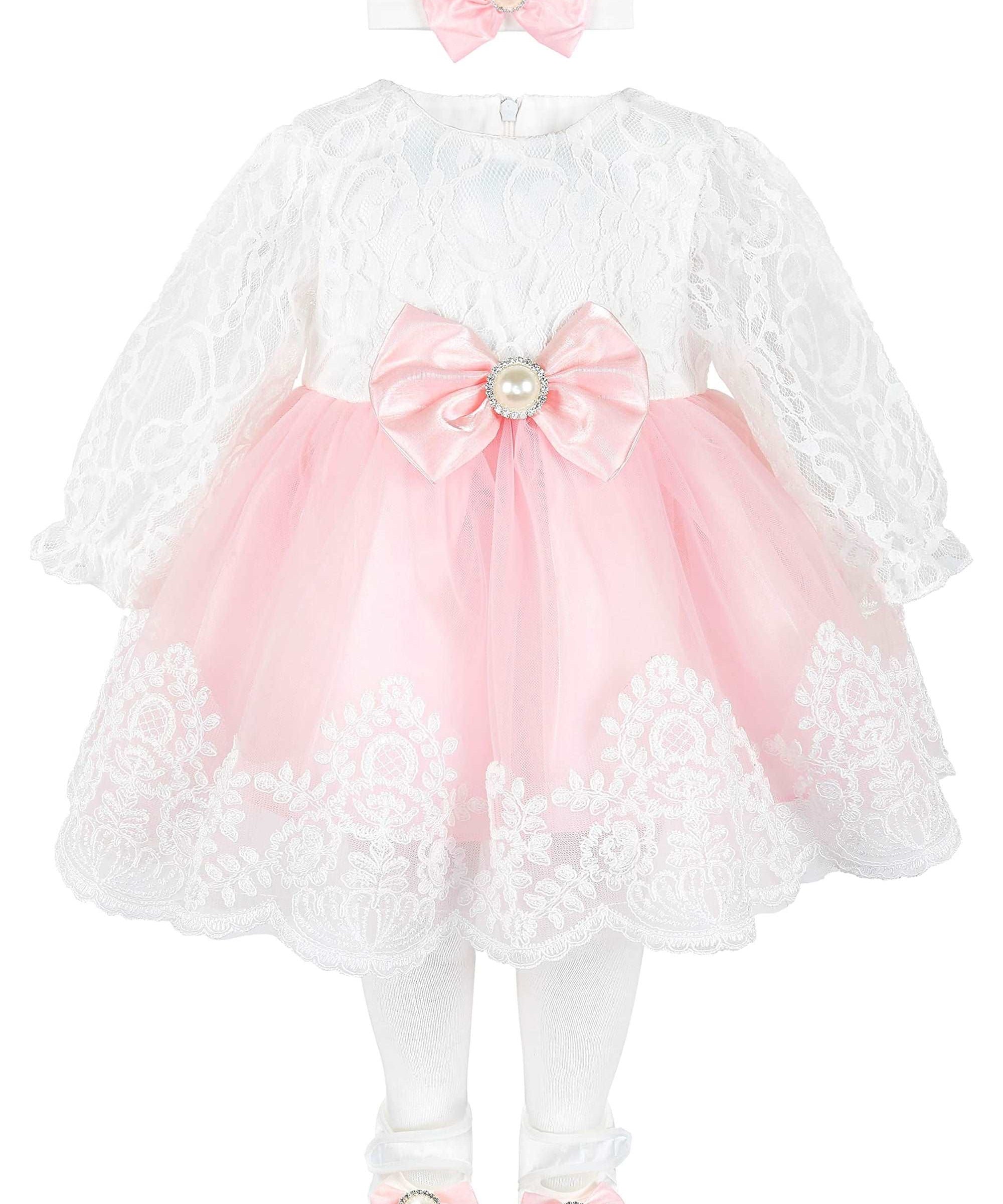 Newborn baby girl dress with lace flower details and  matching headband & shoes; for christening, baptism & Christmas gift ideas 