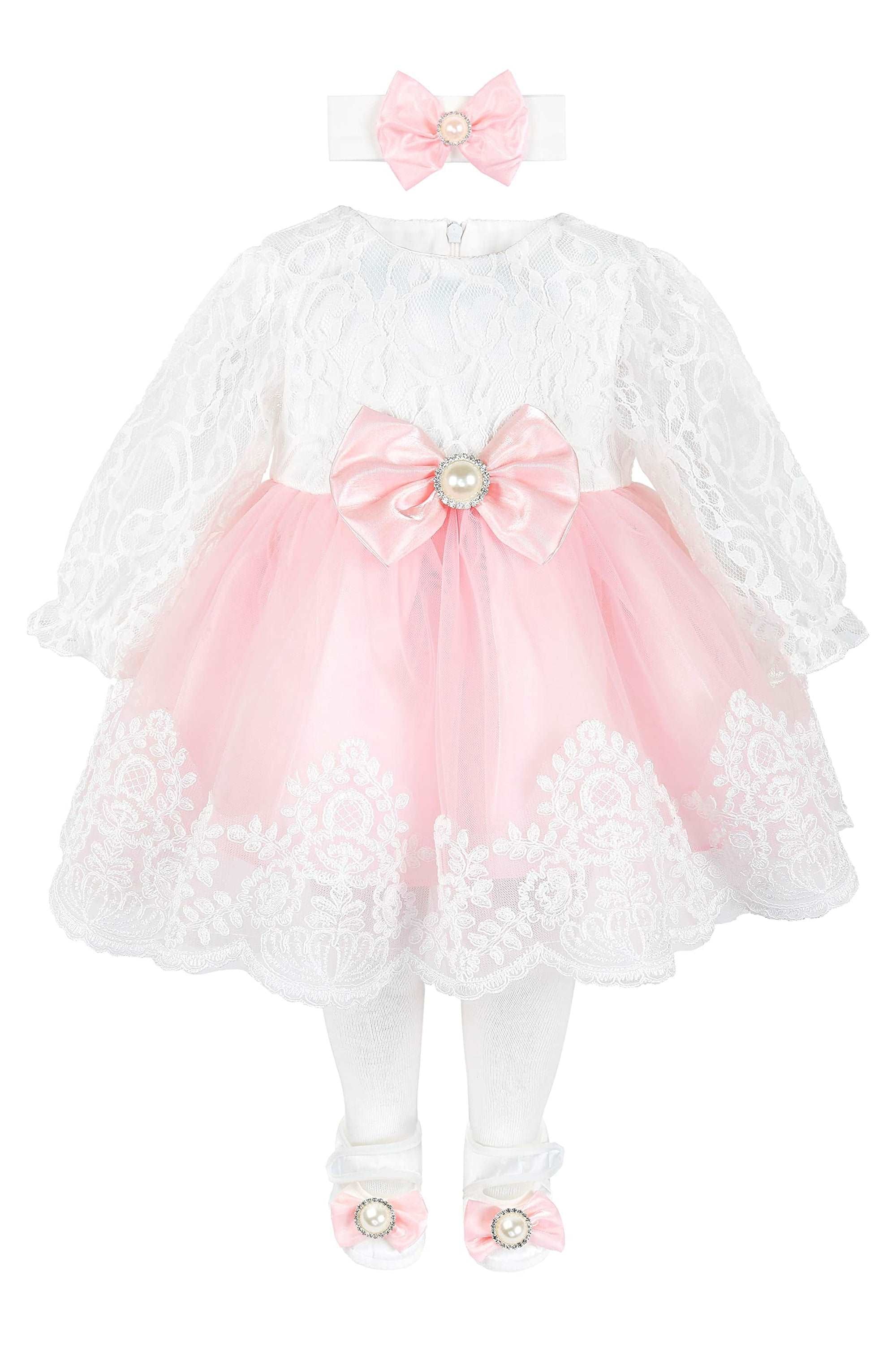 Newborn baby girl dress with lace flower details and  matching headband & shoes; for christening, baptism & Christmas gift ideas 