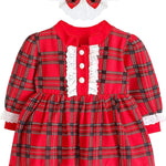 Plaid cotton baby girl clothes with ruffle and lace details and bows; perfect girls Christmas dress & Christmas gift ideas  