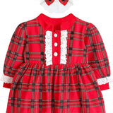 Plaid cotton baby girl clothes with ruffle and lace details and bows; perfect girls Christmas dress & Christmas gift ideas  