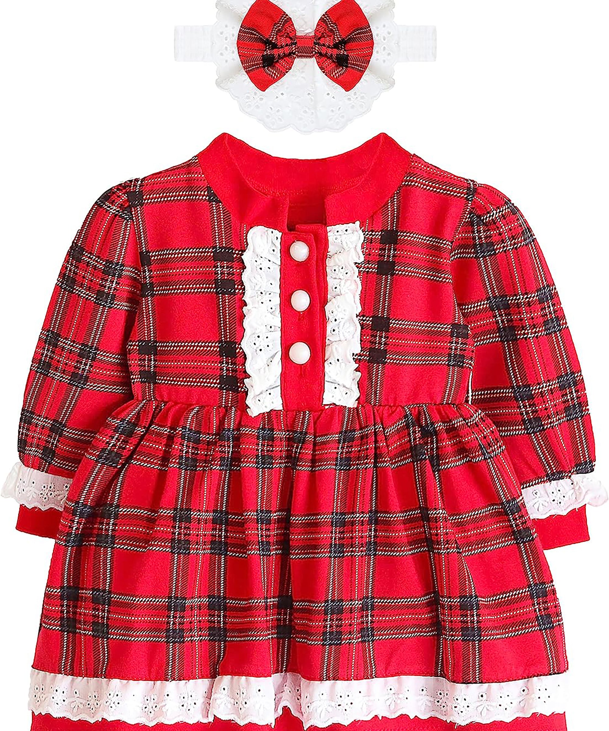 Plaid cotton baby girl clothes with ruffle and lace details and bows; perfect girls Christmas dress & Christmas gift ideas  