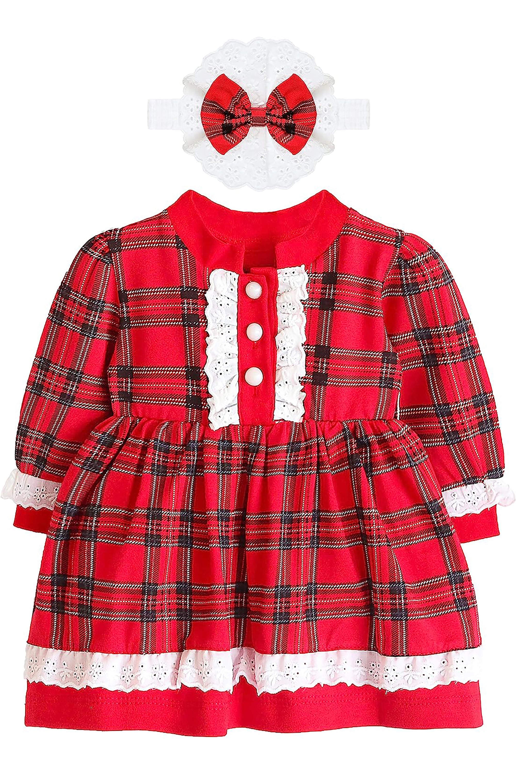 Plaid cotton baby girl clothes with ruffle and lace details and bows; perfect girls Christmas dress & Christmas gift ideas  