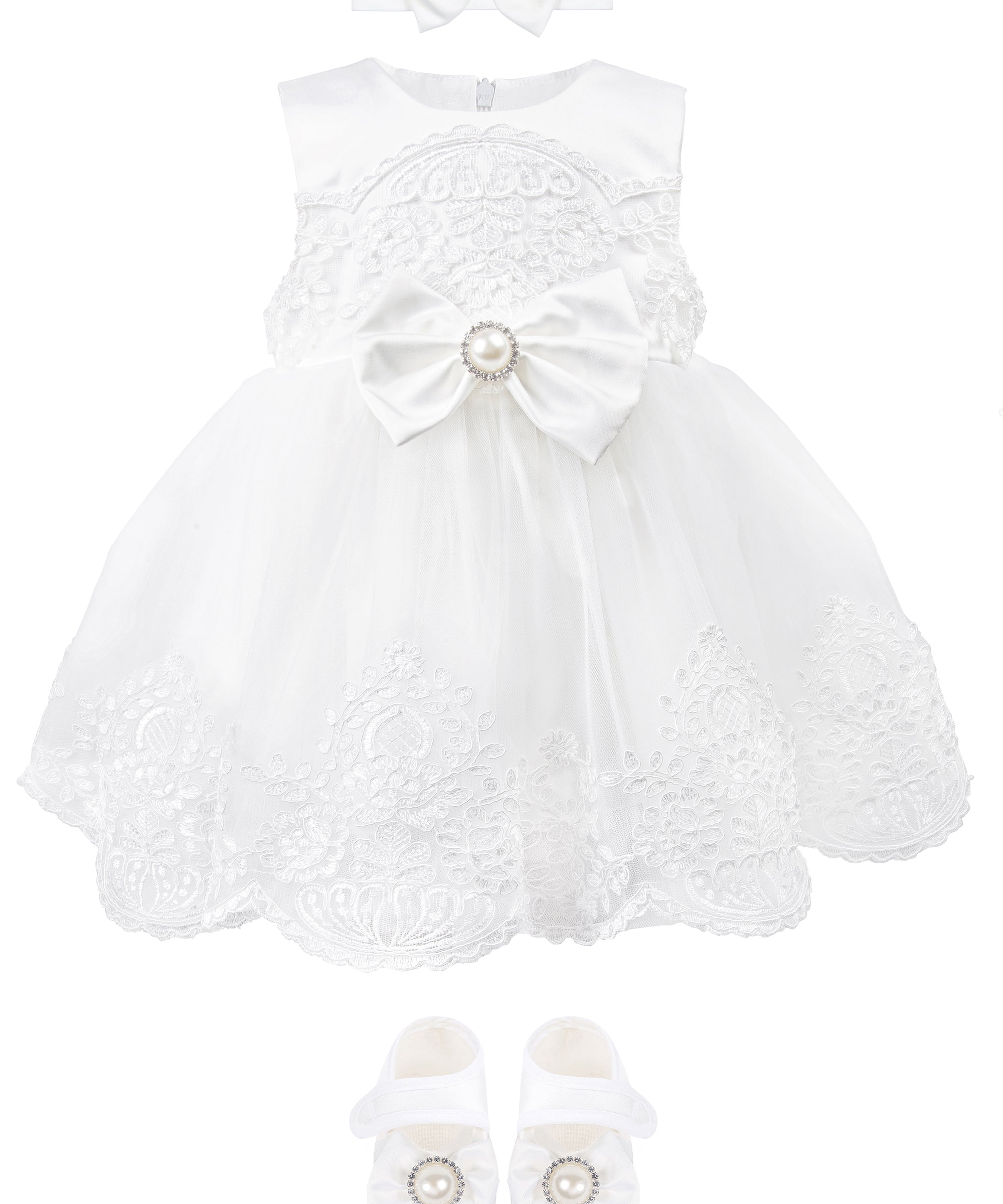 Newborn baby girl dress with lace flower details and  matching headband & shoes; for christening, baptism & Christmas gift ideas 