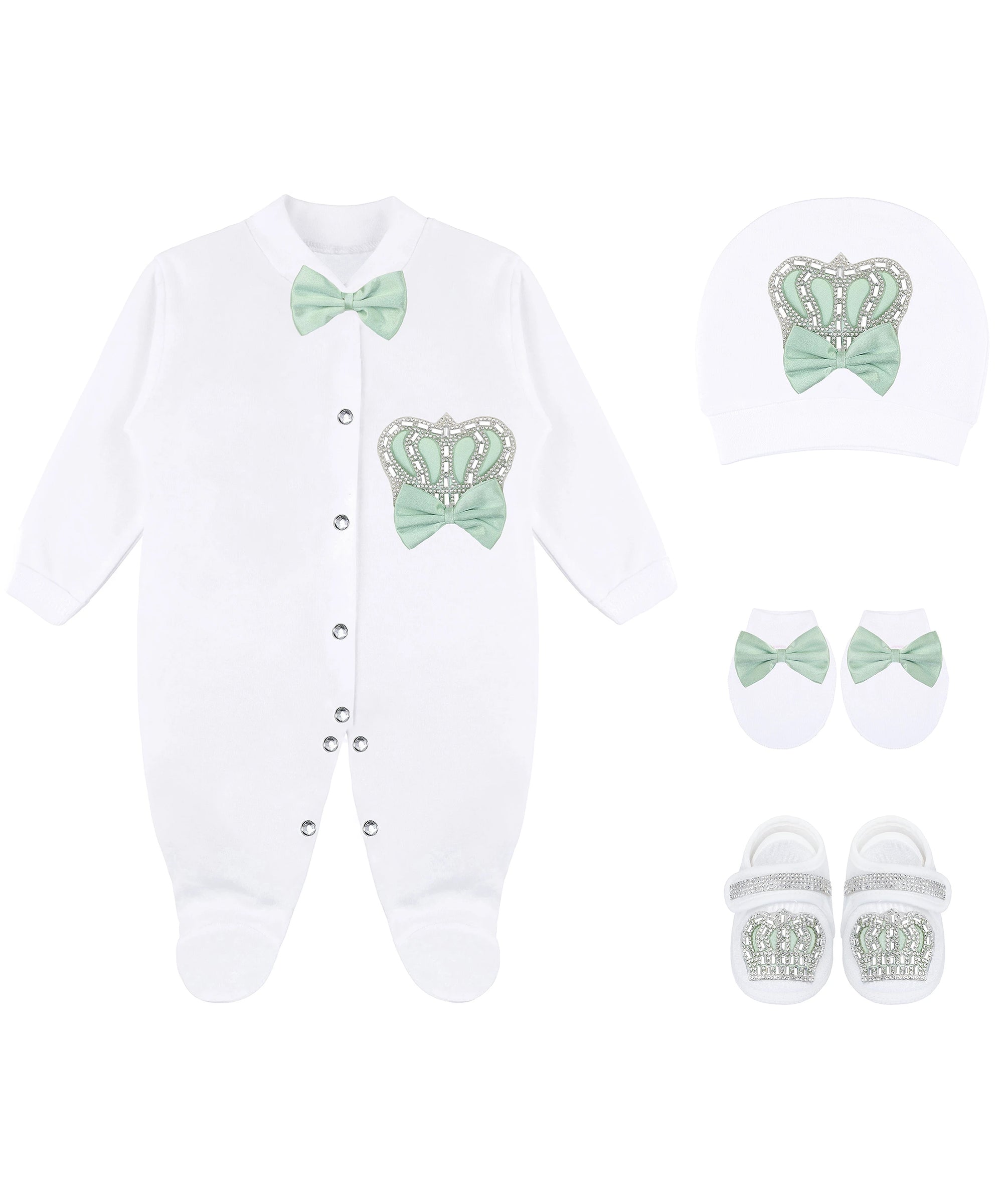 Jeweled crown newborn layette with footie, hat, mittens with bows; perfect christmas pajamas and Christmas gift ideas