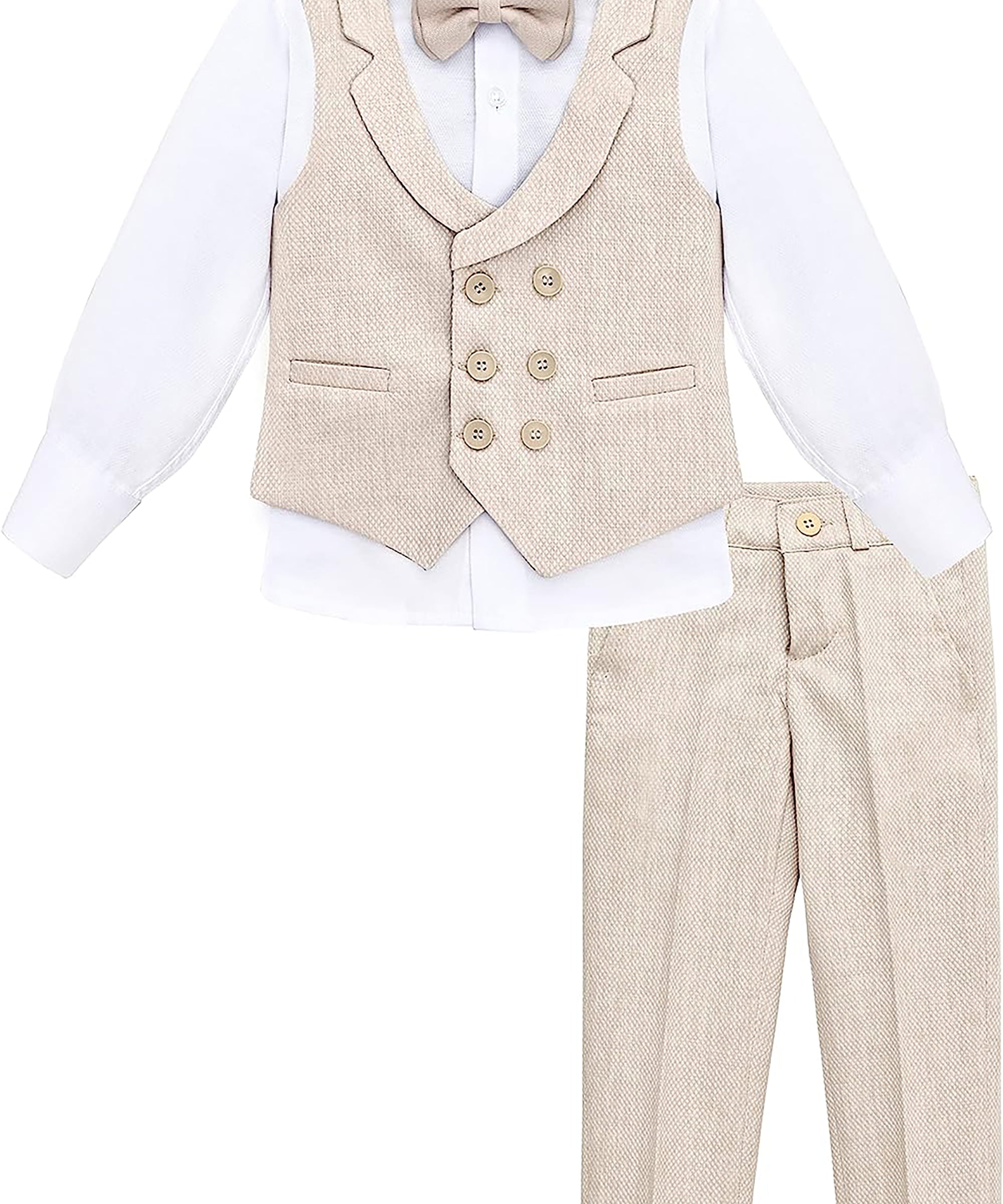 Boys 4 piece tuxedo suit with shirt, pants, vest and bow tie; perfect for baby boy clothes & christmas gift ideas  