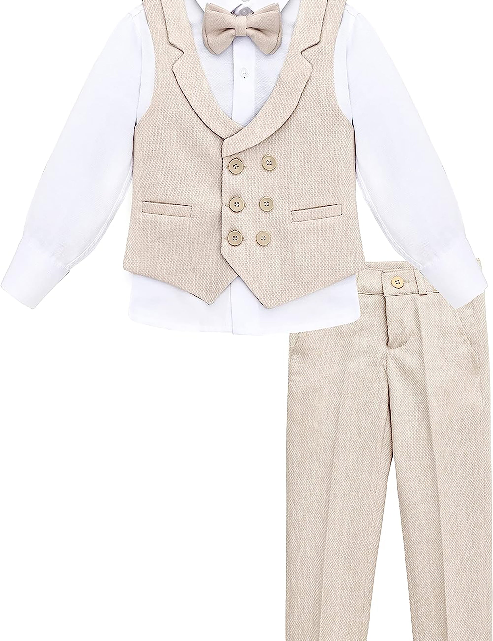 Boys 4 piece tuxedo suit with shirt, pants, vest and bow tie; perfect for baby boy clothes & christmas gift ideas  