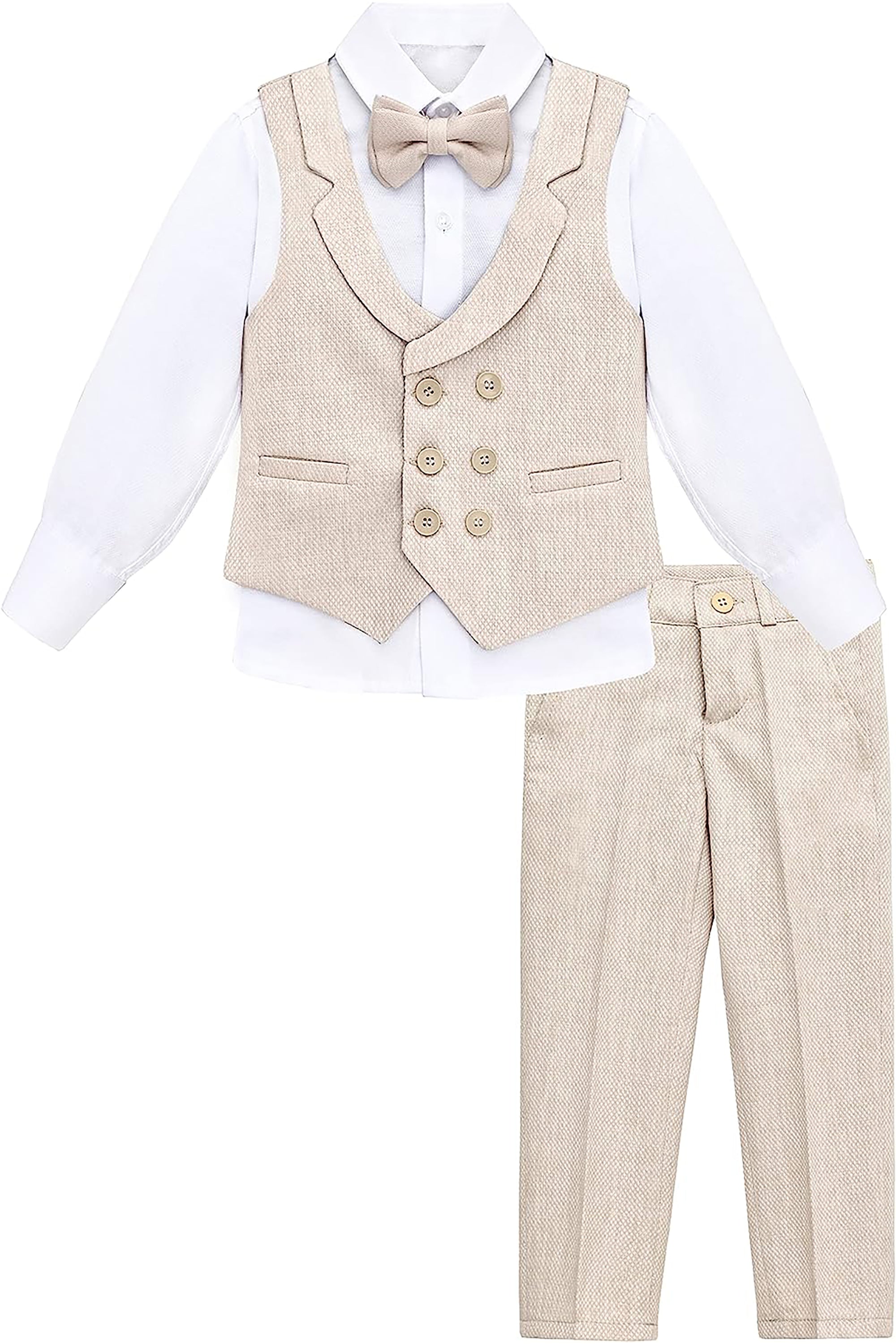 Little & Youth Boys Formal Suit Set Slim Fit Vest, White Dress Shirt, Dress Pants and Bowtie 4 Piece LILAX