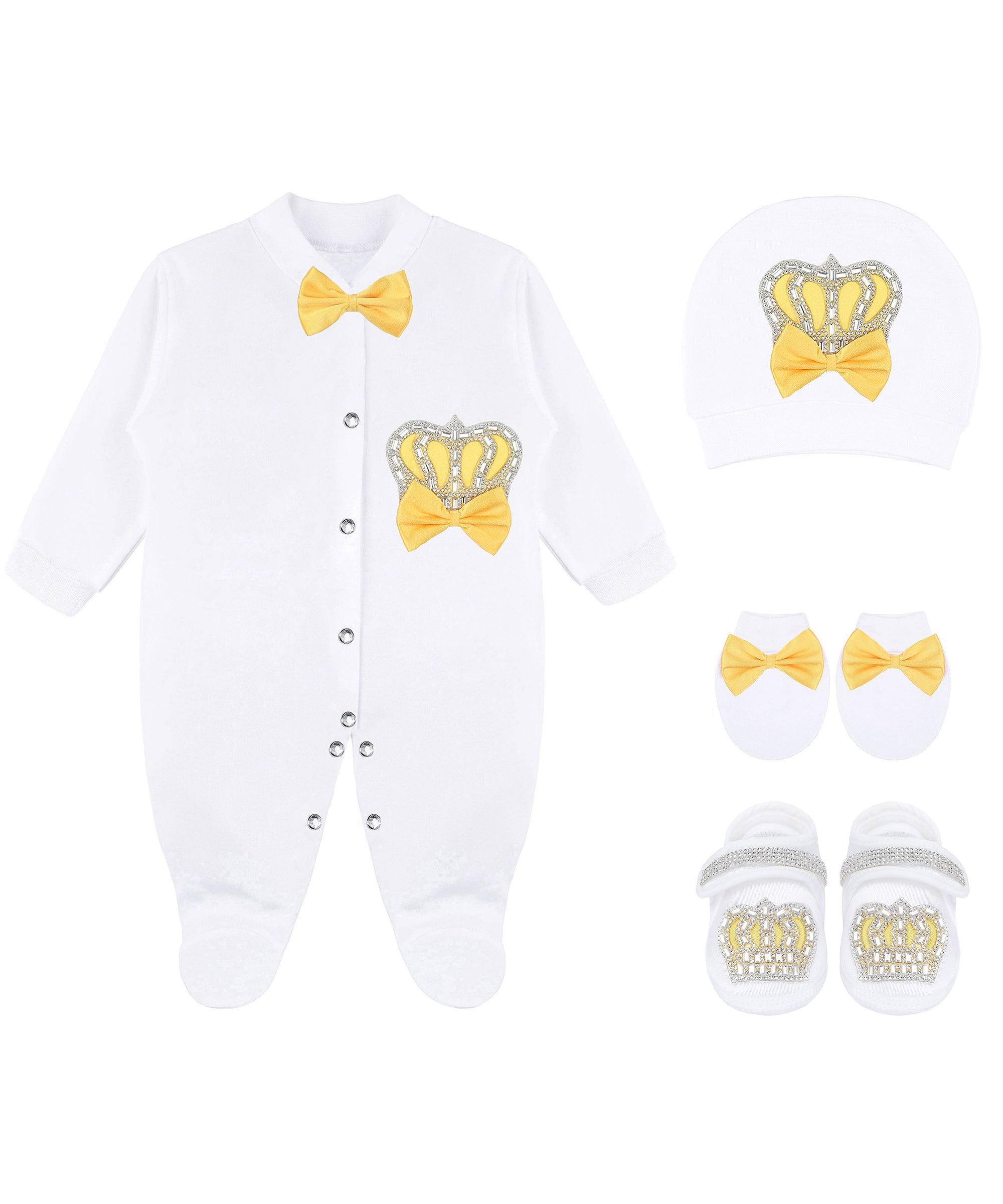 Jeweled crown newborn layette with footie, hat, mittens with bows; perfect christmas pajamas and Christmas gift ideas