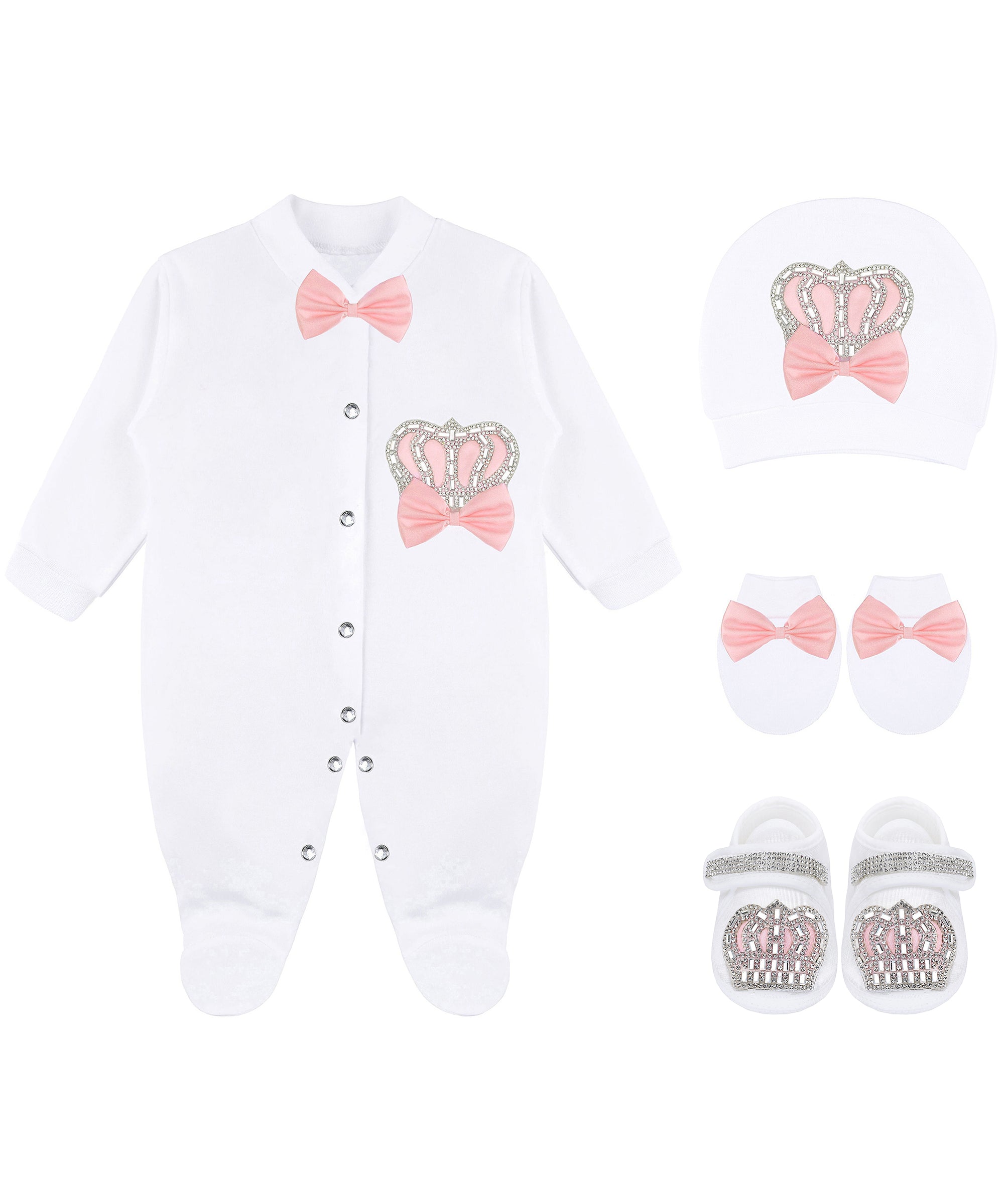 Jeweled crown newborn layette with footie, hat, mittens with bows; perfect christmas pajamas and Christmas gift ideas