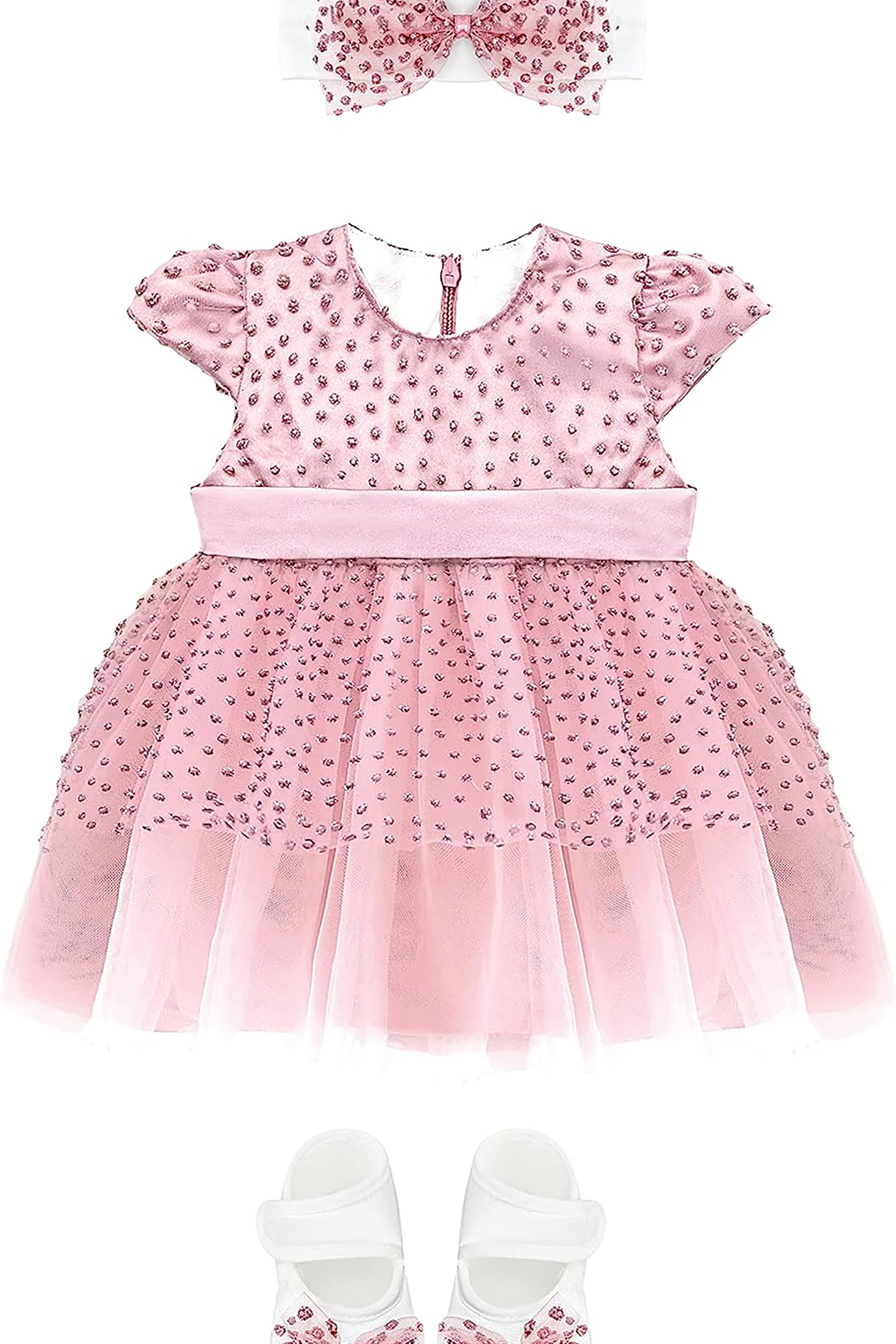 Baby Girls' Sparkly Tulle Dress, Glitter Polka Dots Princess Gown with Matching Headband and Shoes LILAX