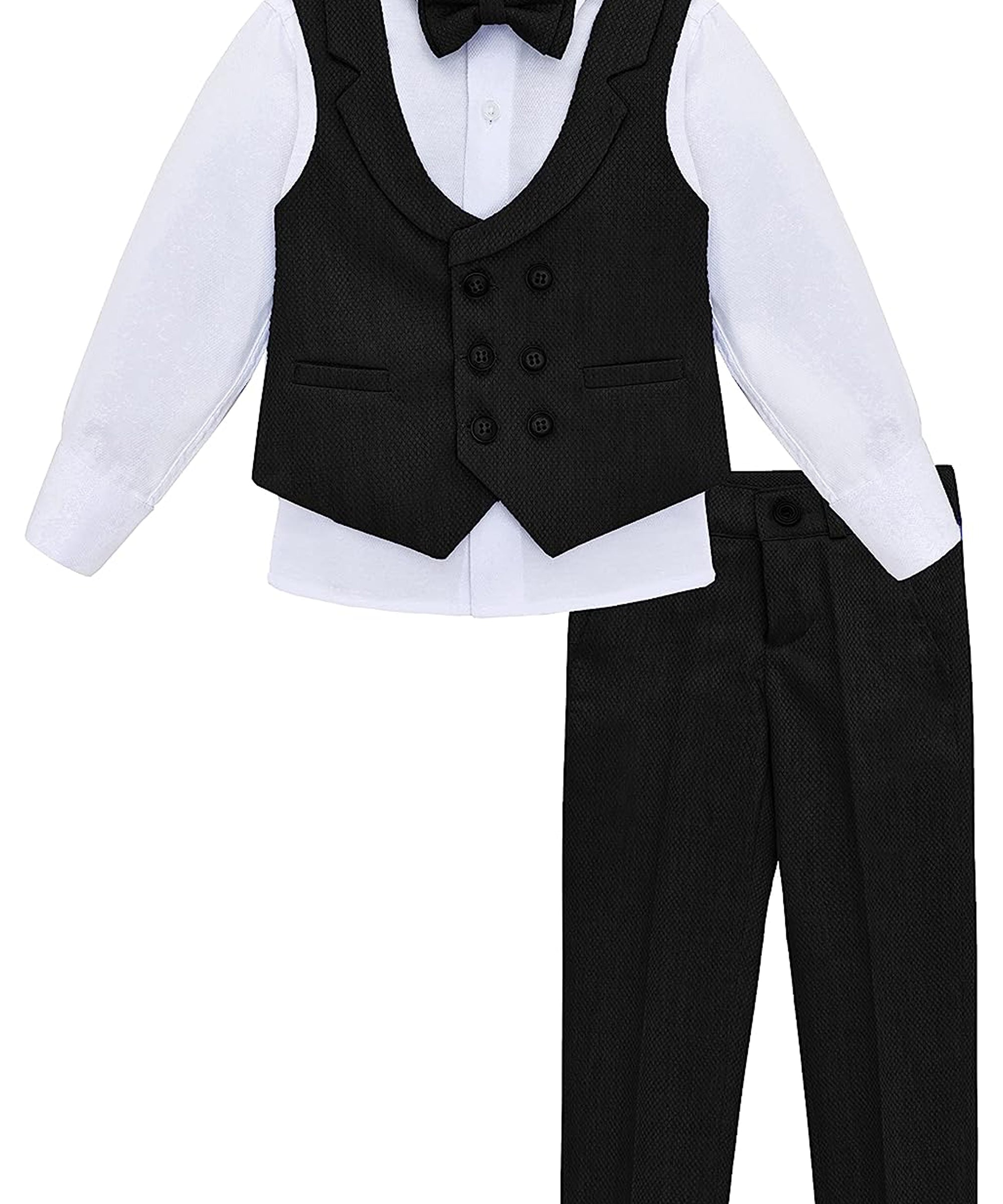 Boys 4 piece tuxedo suit with shirt, pants, vest and bow tie; perfect for baby boy clothes & christmas gift ideas  