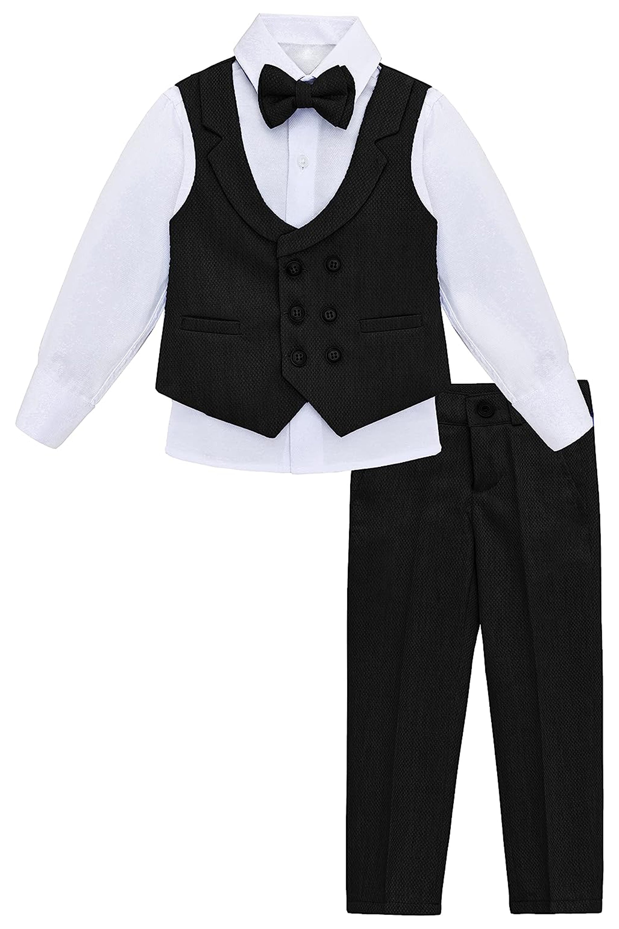 Little & Youth Boys Formal Suit Set Slim Fit Vest, White Dress Shirt, Dress Pants and Bowtie 4 Piece LILAX