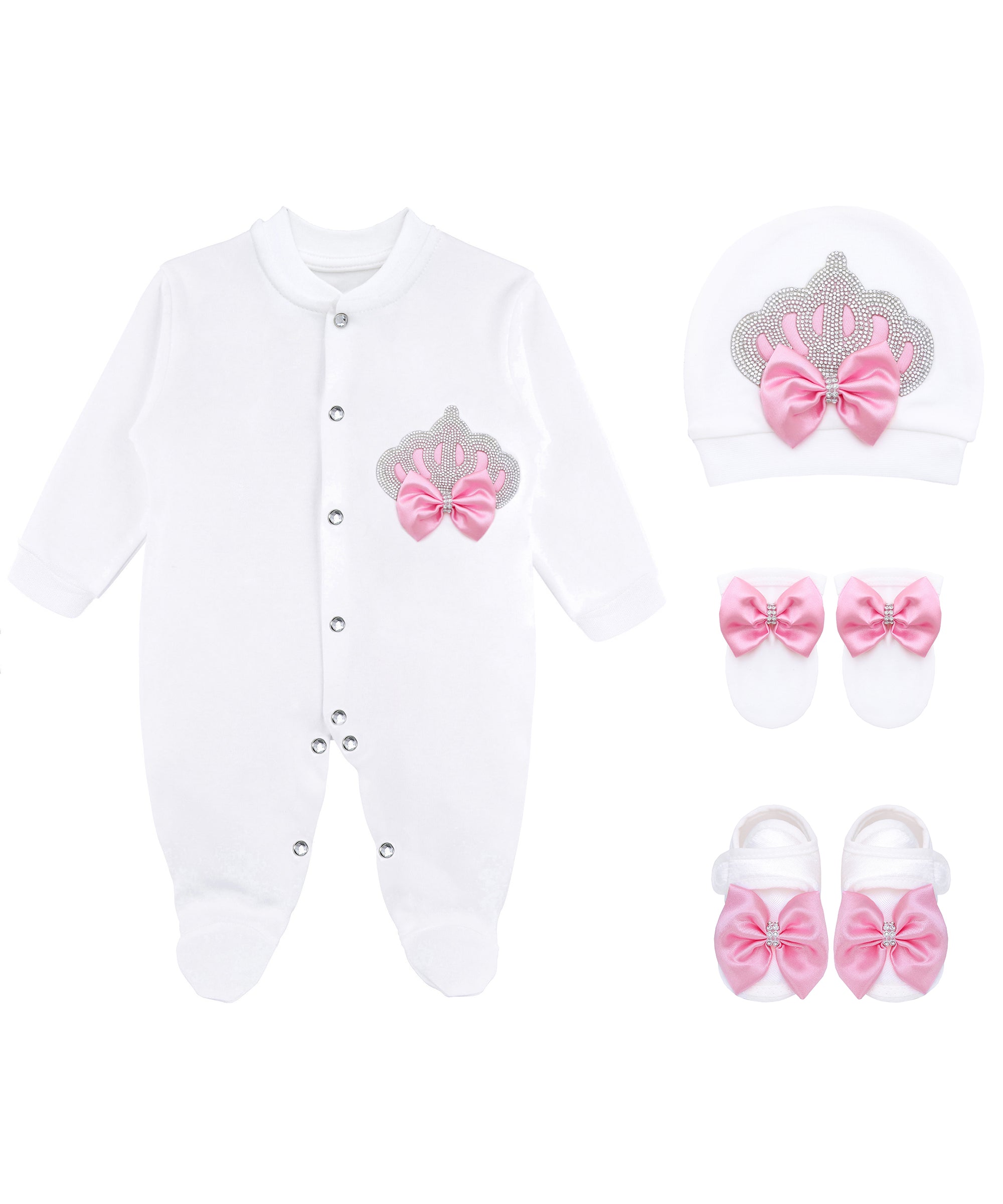 Jeweled crown newborn layette with footie, hat, mittens with bows; perfect christmas pajamas and Christmas gift ideas