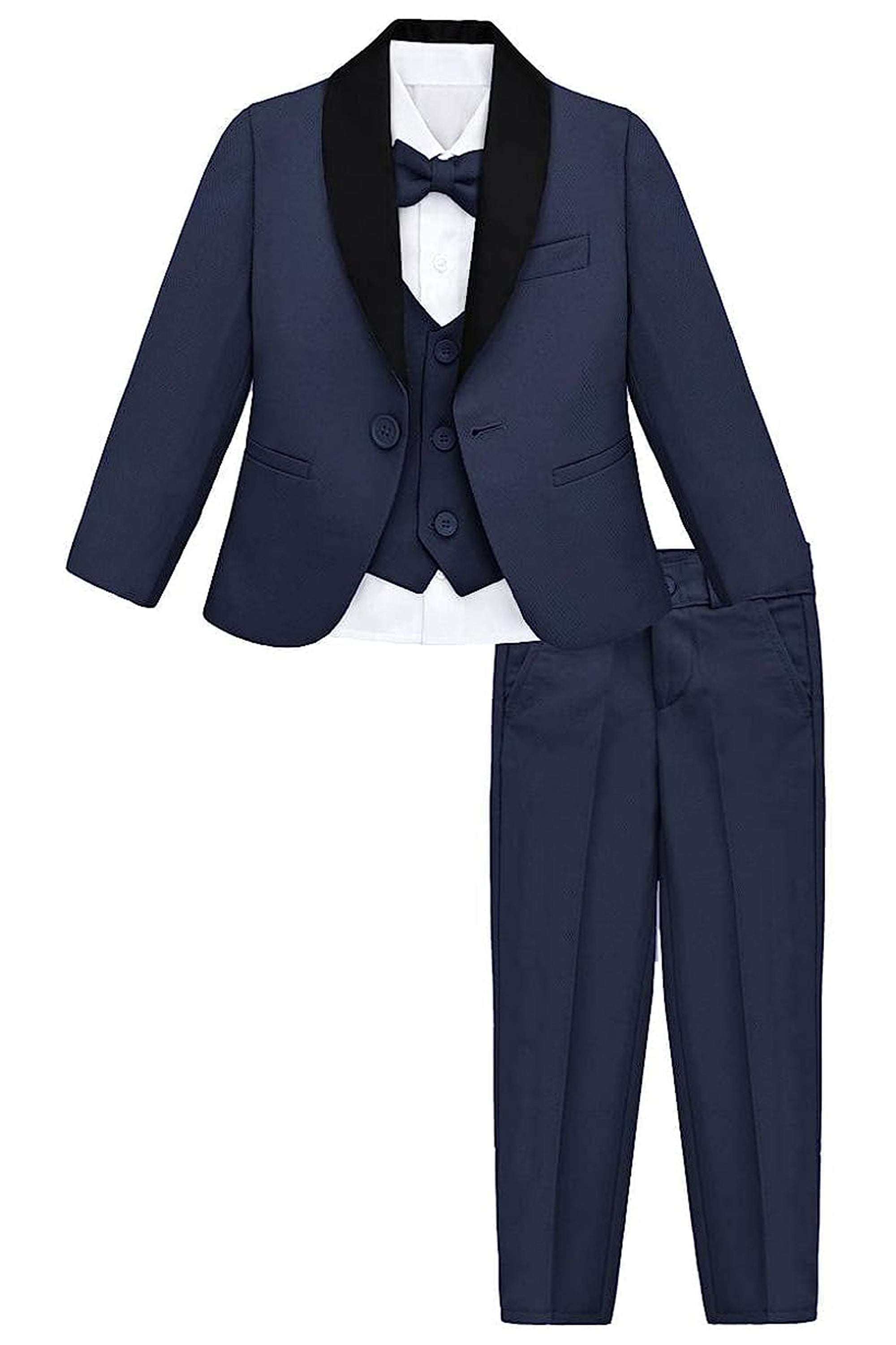 Little & Youth Boys' Satin Detailed Suit Set - Satin Collar Formal Jacket, Vest, Pants, Shirt, and Matching Bowtie - 5-Piece Fashion Set LILAX