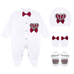 Jeweled crown newborn layette with footie, hat, mittens with bows; perfect christmas pajamas and christmas gift ideas