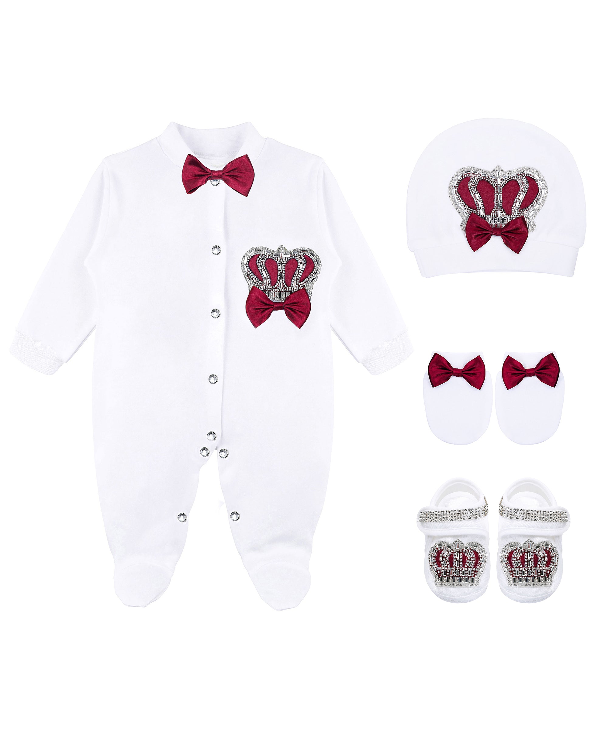 Jeweled crown newborn layette with footie, hat, mittens with bows; perfect christmas pajamas and christmas gift ideas