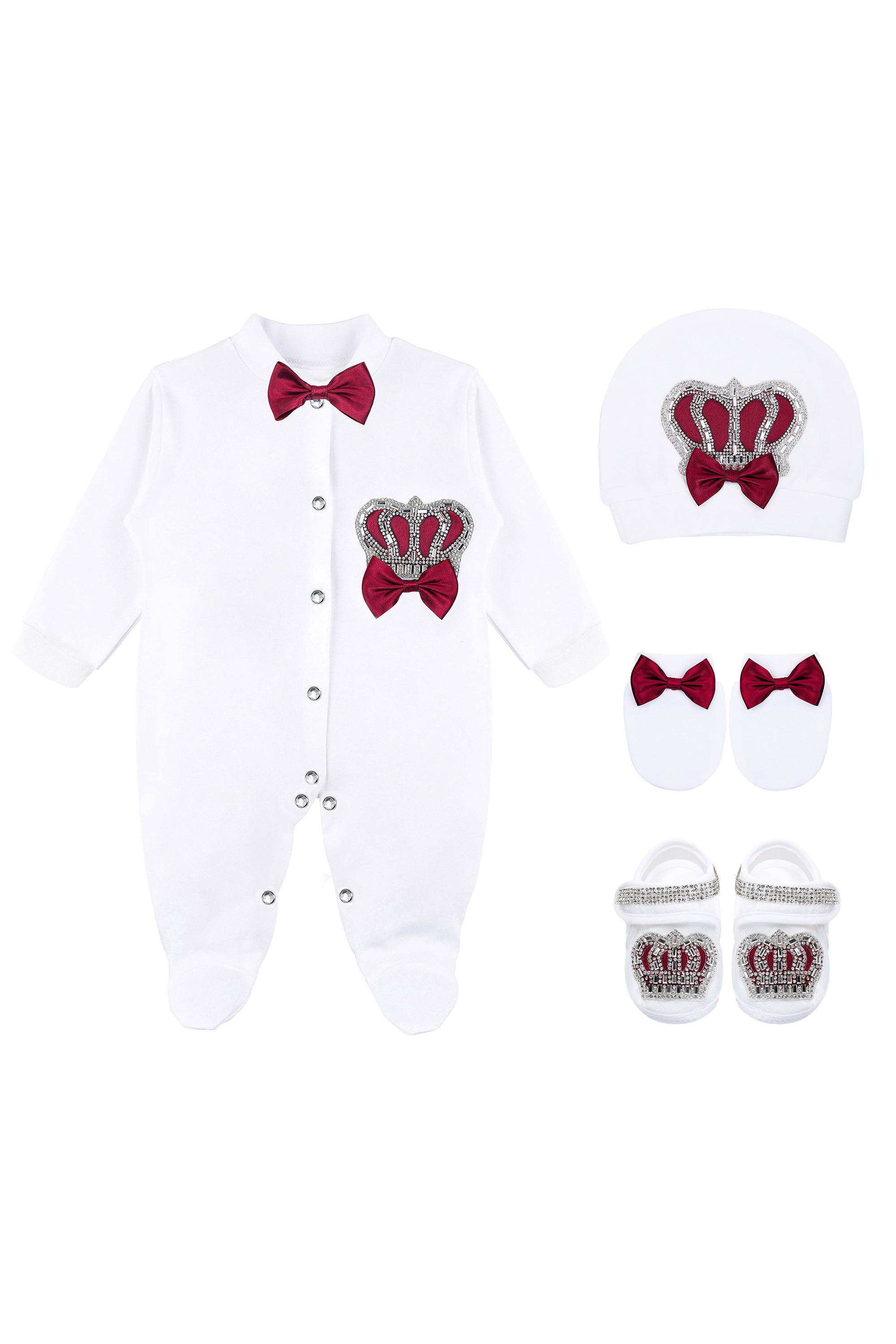 Jeweled crown newborn layette with footie, hat, mittens with bows; perfect christmas pajamas and christmas gift ideas