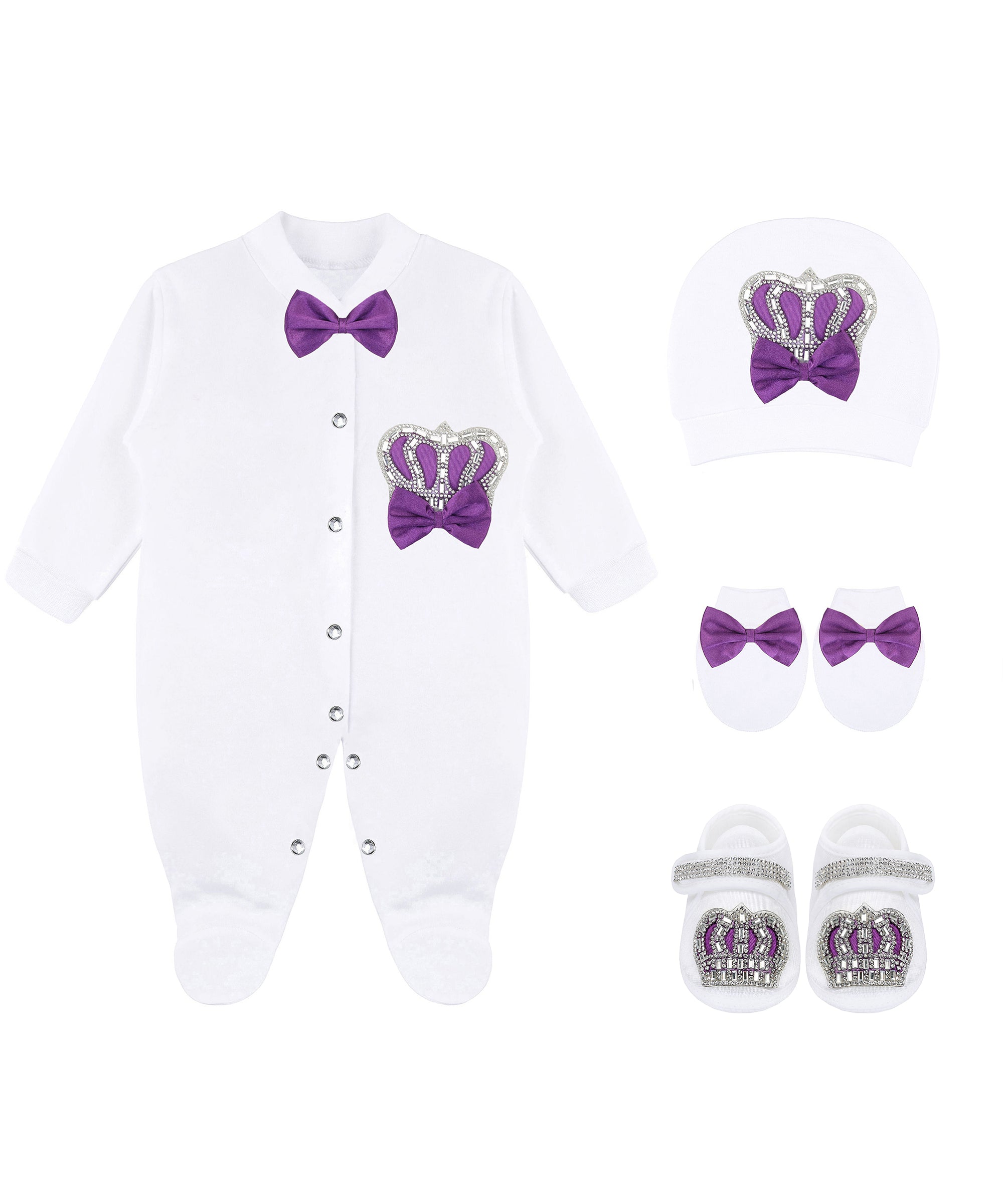 Jeweled crown newborn layette with footie, hat, mittens with bows; perfect christmas pajamas and Christmas gift ideas