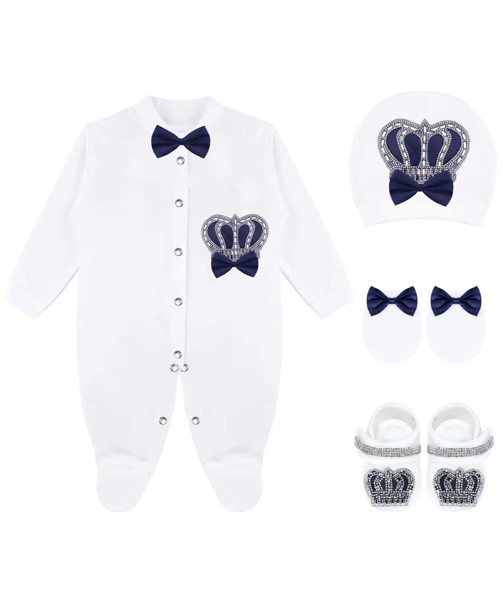 Jeweled crown newborn layette with footie, hat, mittens with bows, shoes; perfect for Christmas gift ideas