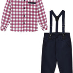 Little Boys' Trendy Pant Set - Plaid Dress Shirt, Pants, Bowtie, and Schoulders Strap LILAX