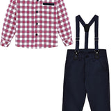 Little Boys' Trendy Pant Set - Plaid Dress Shirt, Pants, Bowtie, and Schoulders Strap LILAX