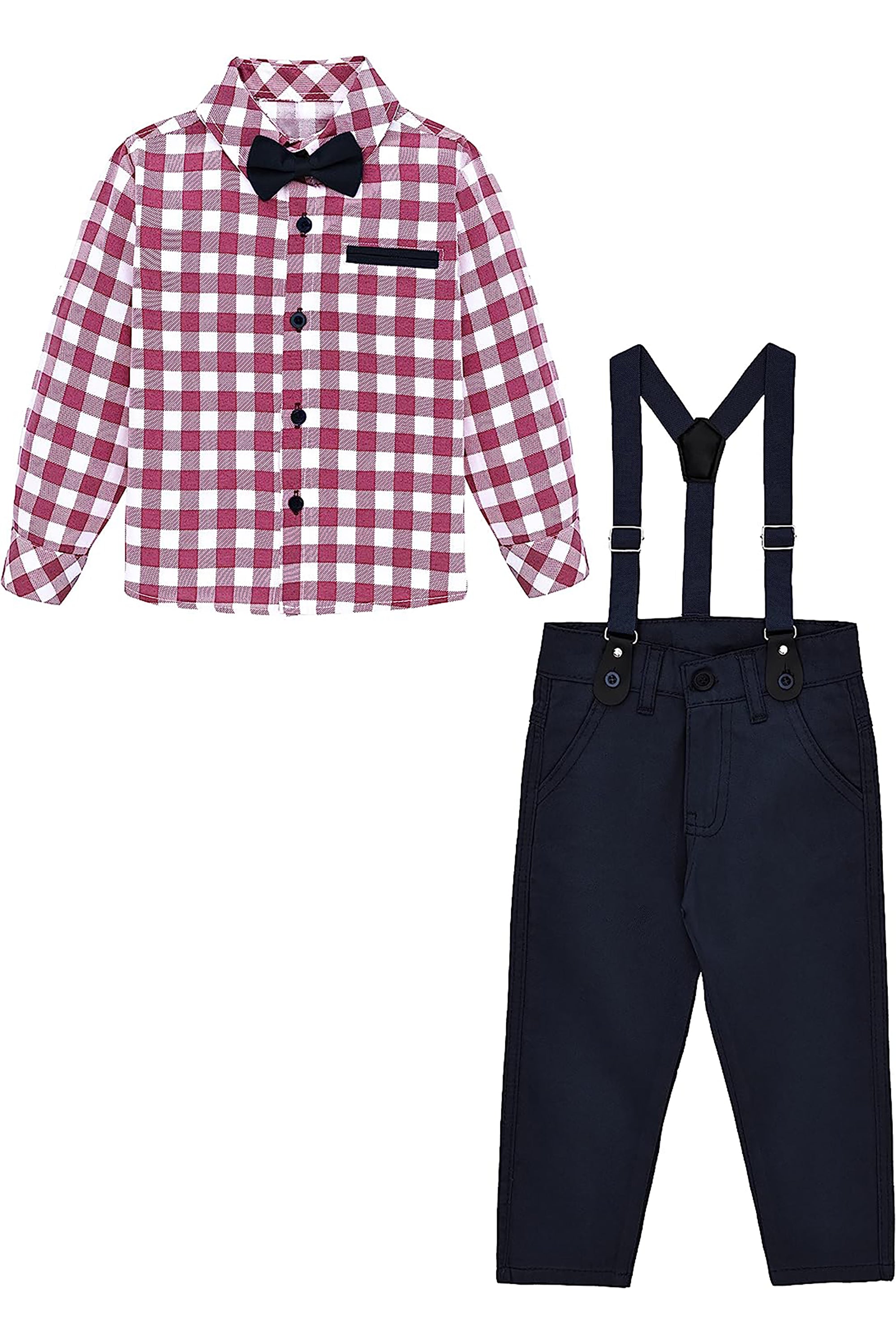 Little Boys' Trendy Pant Set - Plaid Dress Shirt, Pants, Bowtie, and Schoulders Strap LILAX