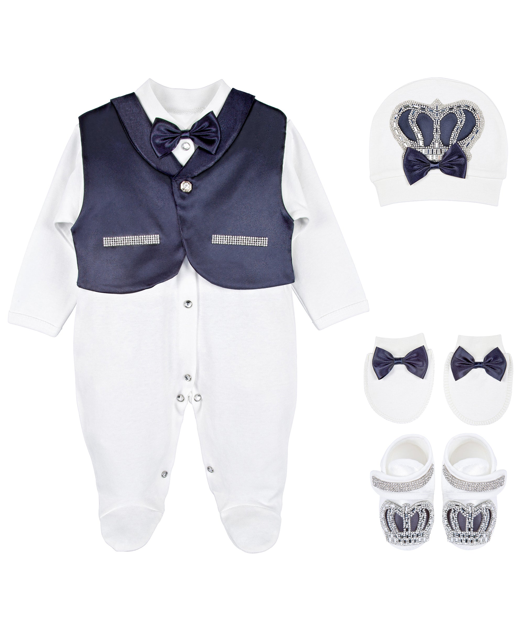 Jeweled crown newborn layette with footie, hat, mittens with bows, & shoes; perfect for Christmas gift ideas