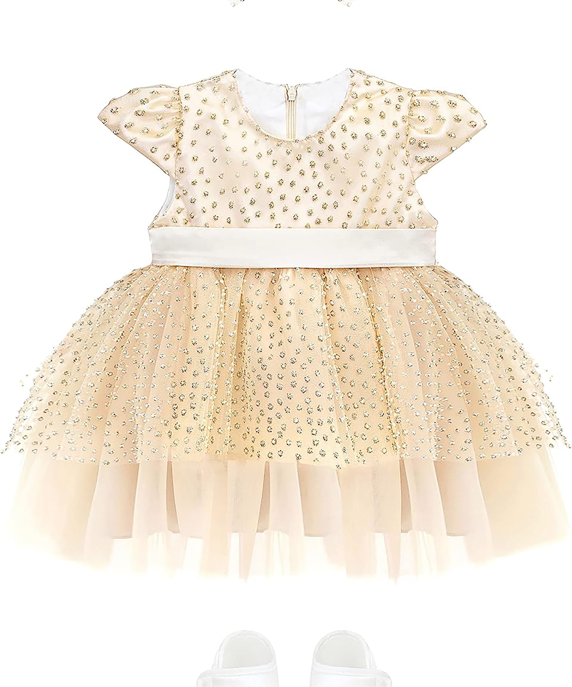 Baby girl gold layered tulle dress with polkadots and matching shoes & headband; for baby girl clothes & christmas gift ideas