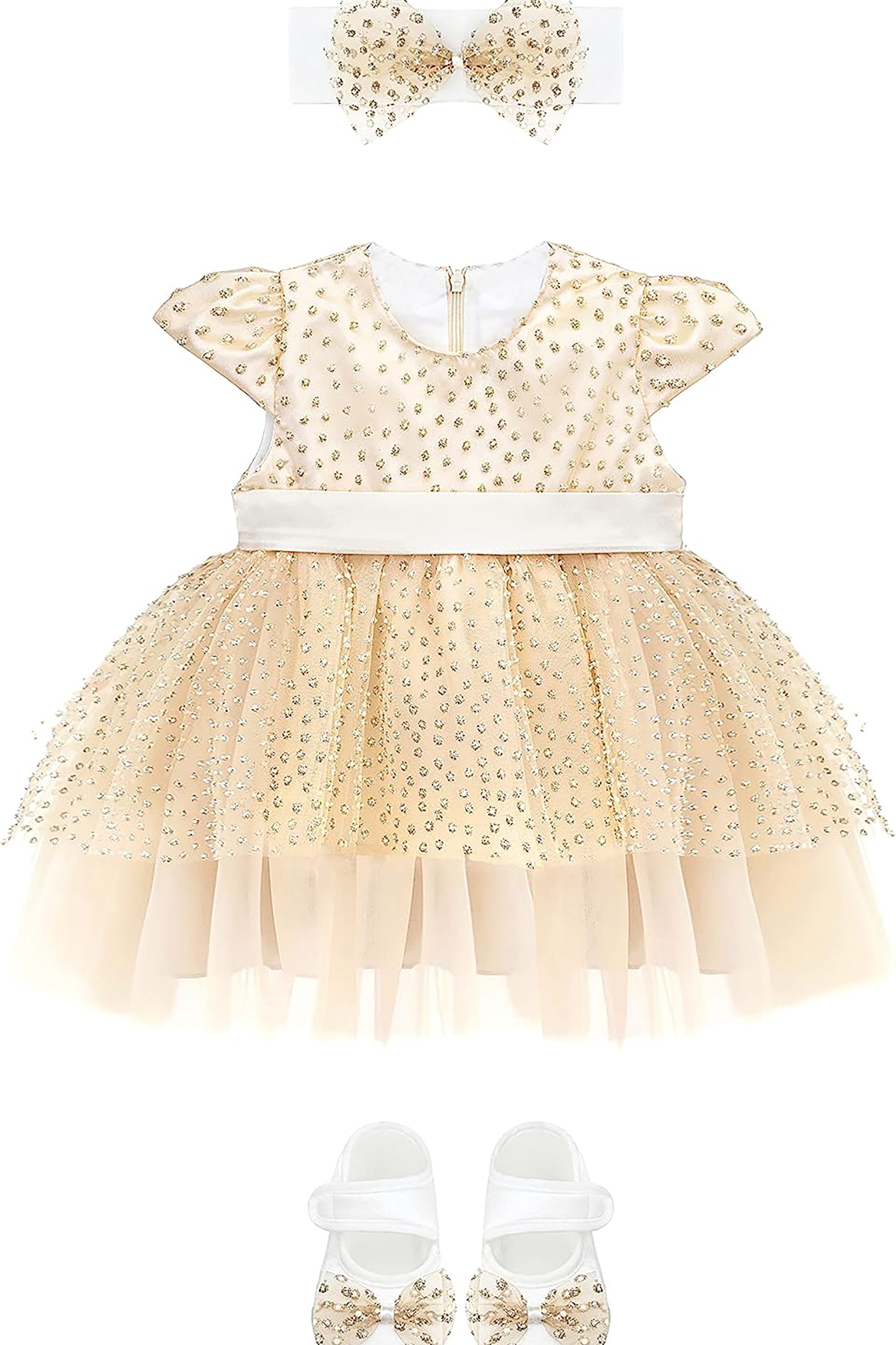 Baby Girls' Sparkly Tulle Dress, Glitter Polka Dots Princess Gown with Matching Headband and Shoes LILAX